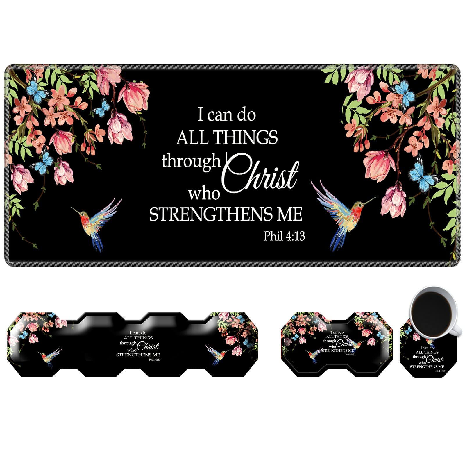 4 in 1 Ergonomic Mouse Pad Combo Set - Extra Large Gaming Mouse Mat with Keyboard Wrist Support, Memory Foam Mouse Wrist Rest & Non-Slip Coaster - Bible Flower Hummingbird Design Stitched Edge Desk Mat for PC Gamers & Office Workers - Perfect for Gaming Setup, Home Office & Workstation Comfort