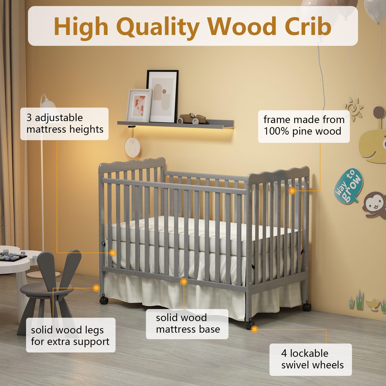 3-in-1 Convertible Baby Crib to Toddler Bed & Full Size Bed Frame - Safe & Durable Nursery Furniture for Boys & Girls (Mattress Not Included) | Perfect for Newborns, Toddlers & Growing Kids Bedroom