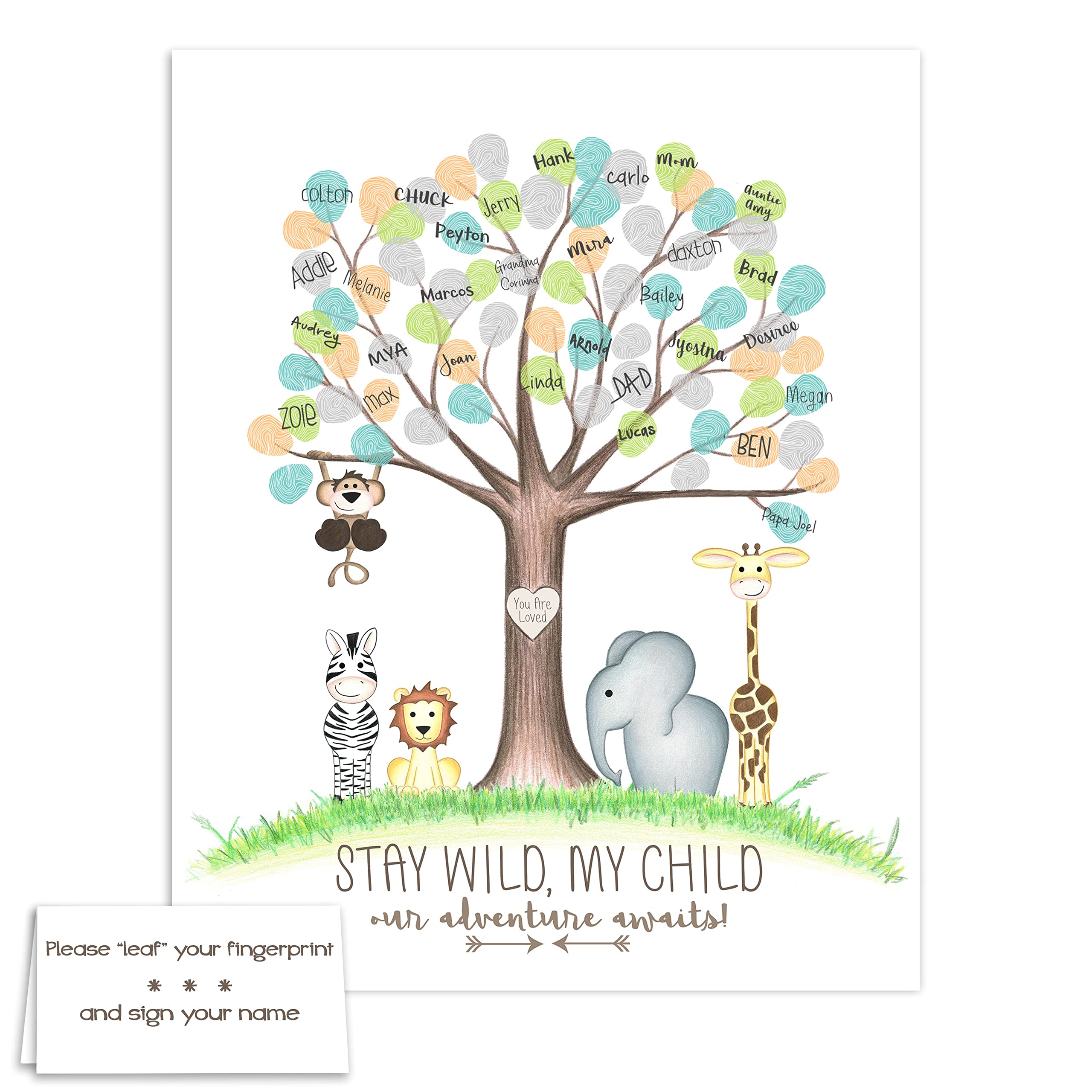 Personalized Safari Baby Shower Fingerprint Tree Guest Book - Unique Jungle Animal Themed Birthday Party Decor for Girls - Perfect for Baby Showers, 1st Birthdays & Zoo-Themed Celebrations