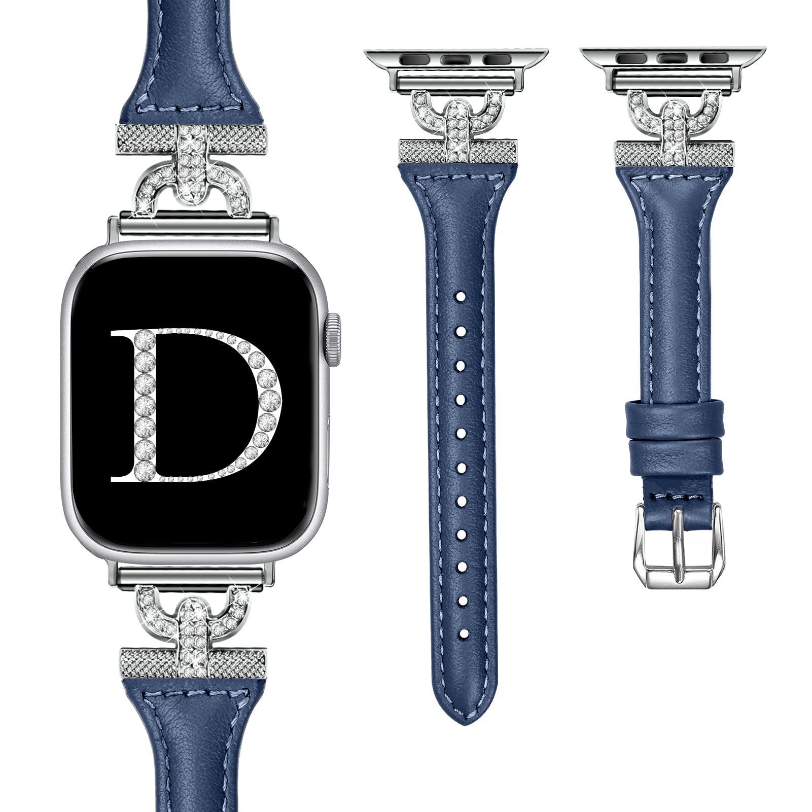 OULUCCI Slim Leather Apple Watch Bands for Women - Compatible with Series 10/9/8/SE/7/6/5/Ultra/4/3/2/1, 38mm/40mm/41mm/42mm/44mm/45mm/46mm/49mm - D-Shape Diamond Design for Workout, Office & Daily Wear