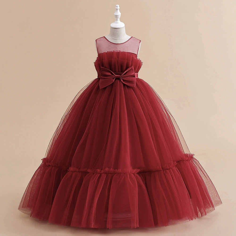 Burgundy Princess Round Floor Length Tulle Flower Girl Dress for Weddings, Baptisms & Special Occasions