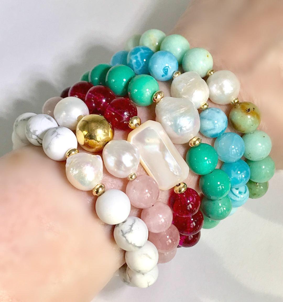 Blue Beaded Stretch Stacking Bracelet with Pearl & Blue Chalcedony - Elegant Layered Jewelry for Women, Perfect for Parties, Weddings & Everyday Wear