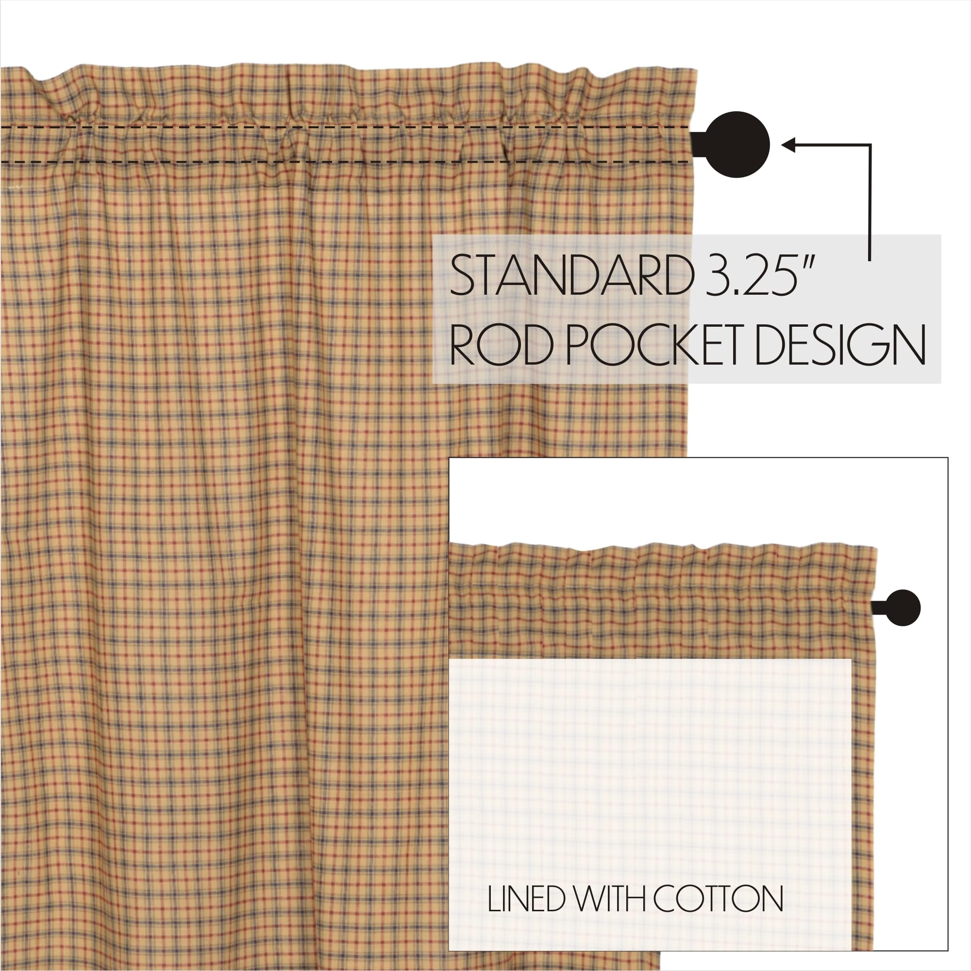 VHC Brands Millsboro Plaid Cotton Rustic Kitchen Curtains - Rod Pocket 36x36 Tier Pair in Khaki Tan | Farmhouse Window Treatments for Cozy Countryside Kitchens