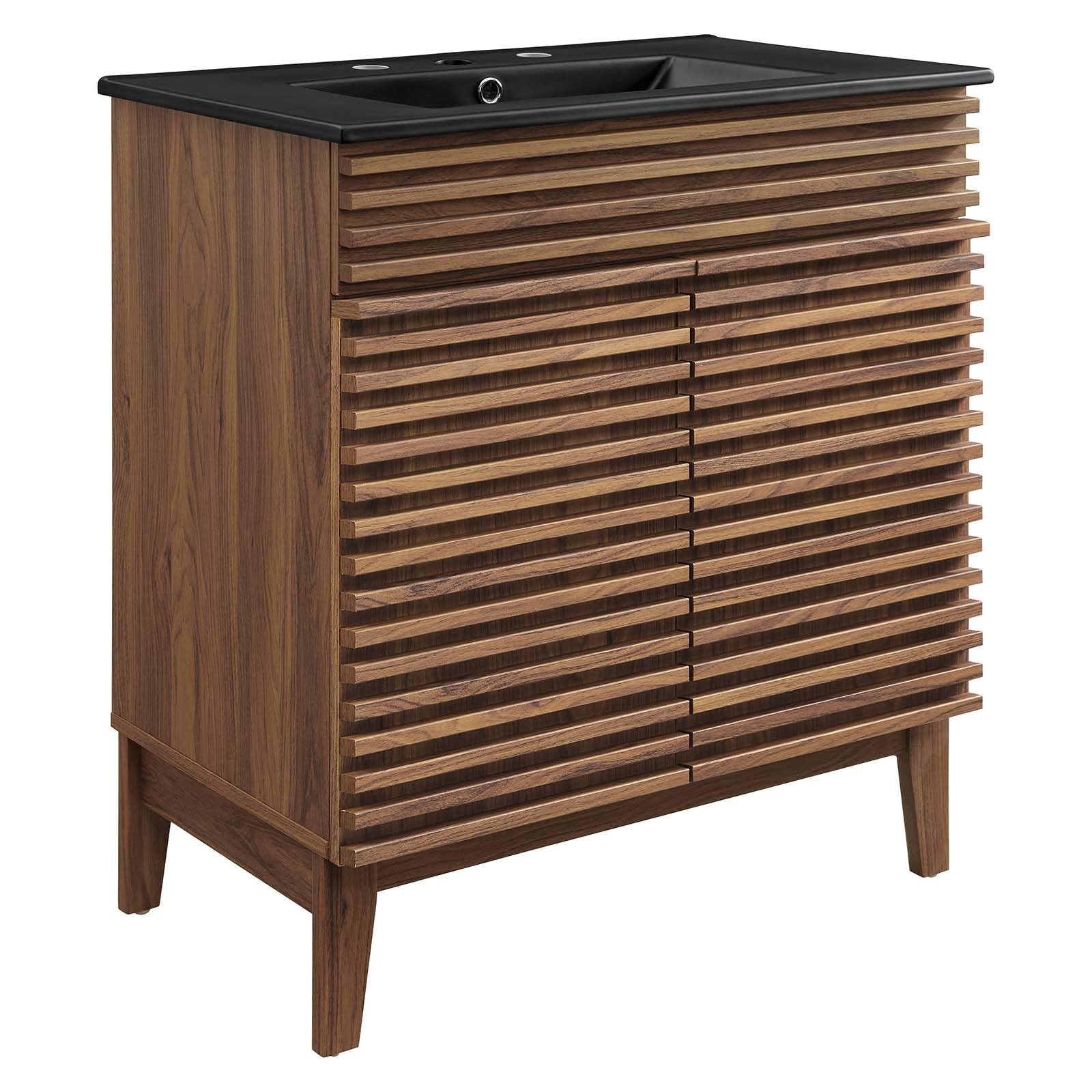 Modway 30 Inch Walnut Black Vanity with Sink - Modern Bathroom Floor Cabinet for Small Spaces, Perfect for Apartments & Powder Rooms