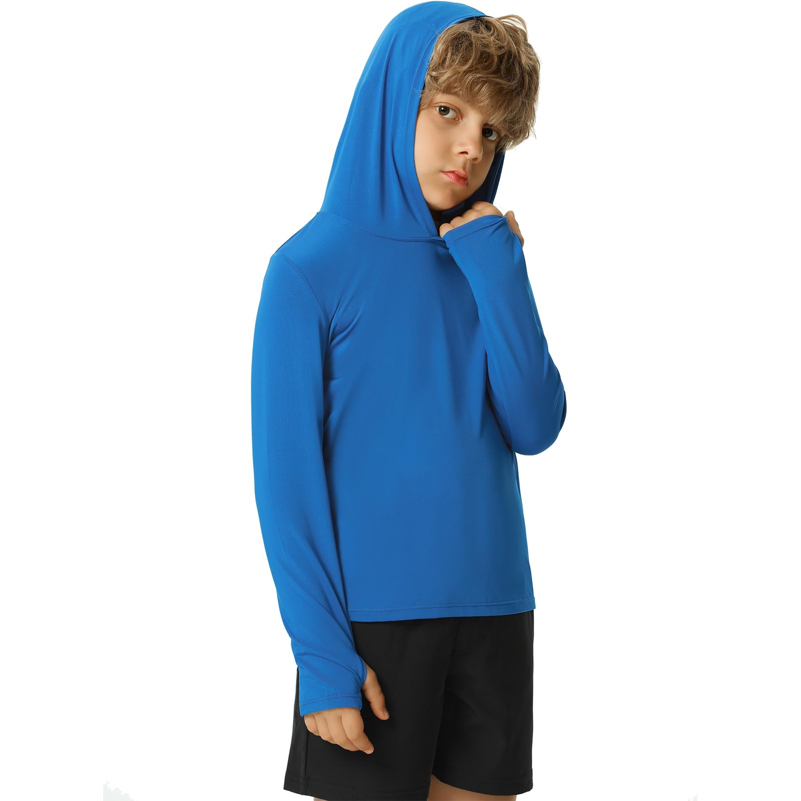 HODOSPORTS Boys UPF 50+ Long Sleeve Rash Guard Swim Shirt - Sun Protective Hooded Swimwear for Kids, Perfect for Swimming, Hiking & Beach Activities