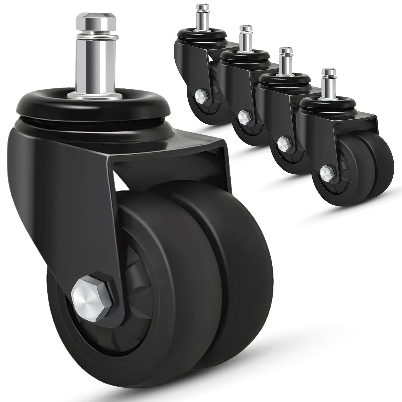 Heavy Duty 2 Inch Office Chair Caster Wheels - 11mm Replacement Rubber Casters Set of 5, Supports 750lbs - Quiet Rolling Desk Chair Rollers for Hardwood Floors & Carpet - Universal Fit for Home Office, Conference Room, and Study Desk Chairs