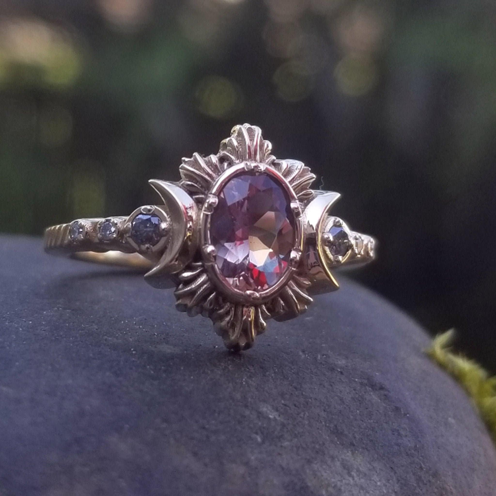 Oregon Sunstone Moon Fire Unique Engagement Ring - 14k Yellow, Rose or White Gold - Witch Crescent Moon Ring for Weddings & Handfasting Ceremonies