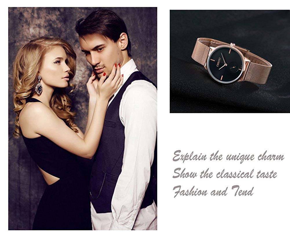 Swiss Couple Watches for Men and Women - Stainless Steel Rose Gold Mesh Strap Fashion Analog Quartz Watch - Perfect for Date Nights, Anniversaries & Everyday Wear