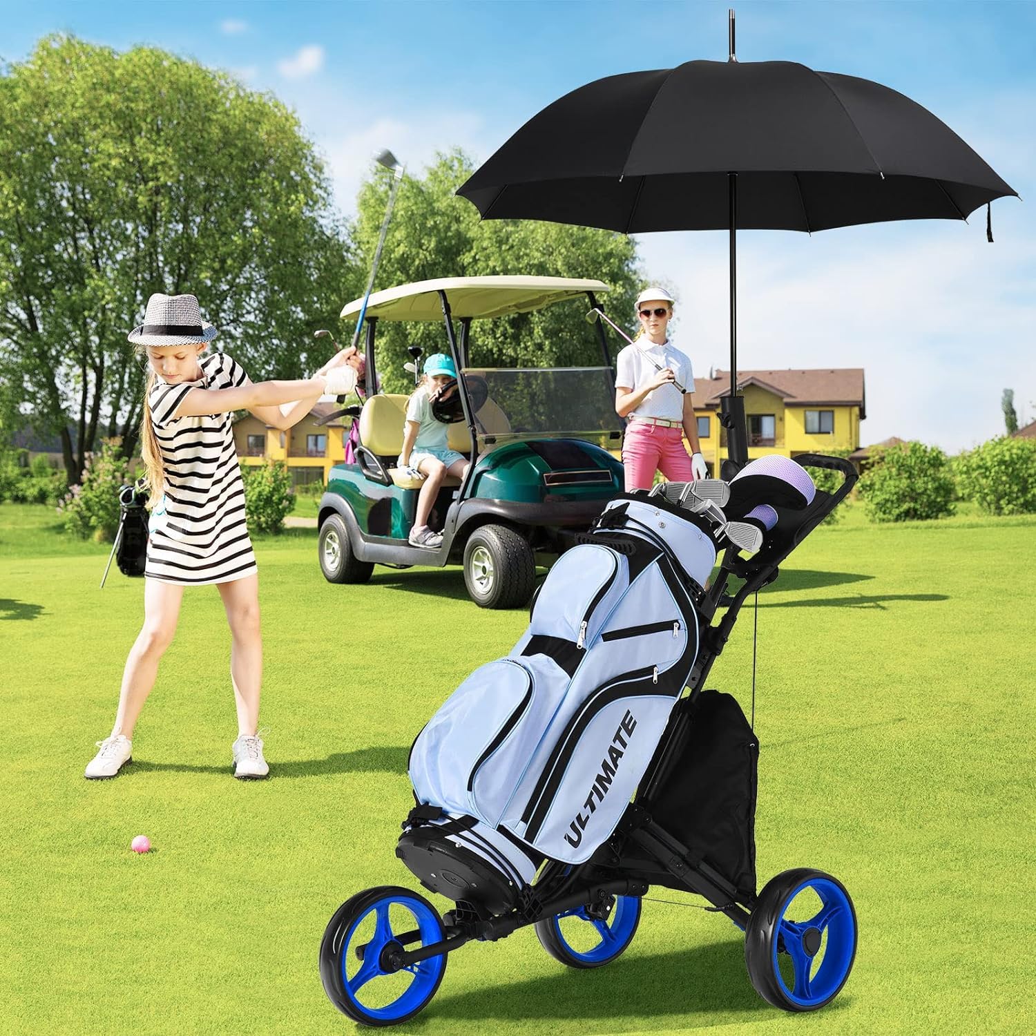 3 Wheel Folding Golf Push Cart - Lightweight Collapsible Golf Club Caddy with Foot Brake & Umbrella Holder - Adjustable 4-Position Handle (Blue) | Perfect for Golf Course, Driving Range & Outdoor Practice