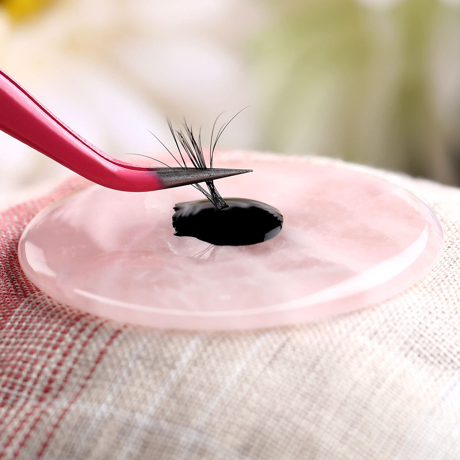 Bememo 2-Piece Pink Jade Stone Eyelash Extension Glue Holder - 2 Inch Round Adhesive Pallet for Lash Glue & Fake Eyelash Application - Perfect for Professional Salons & DIY Home Use
