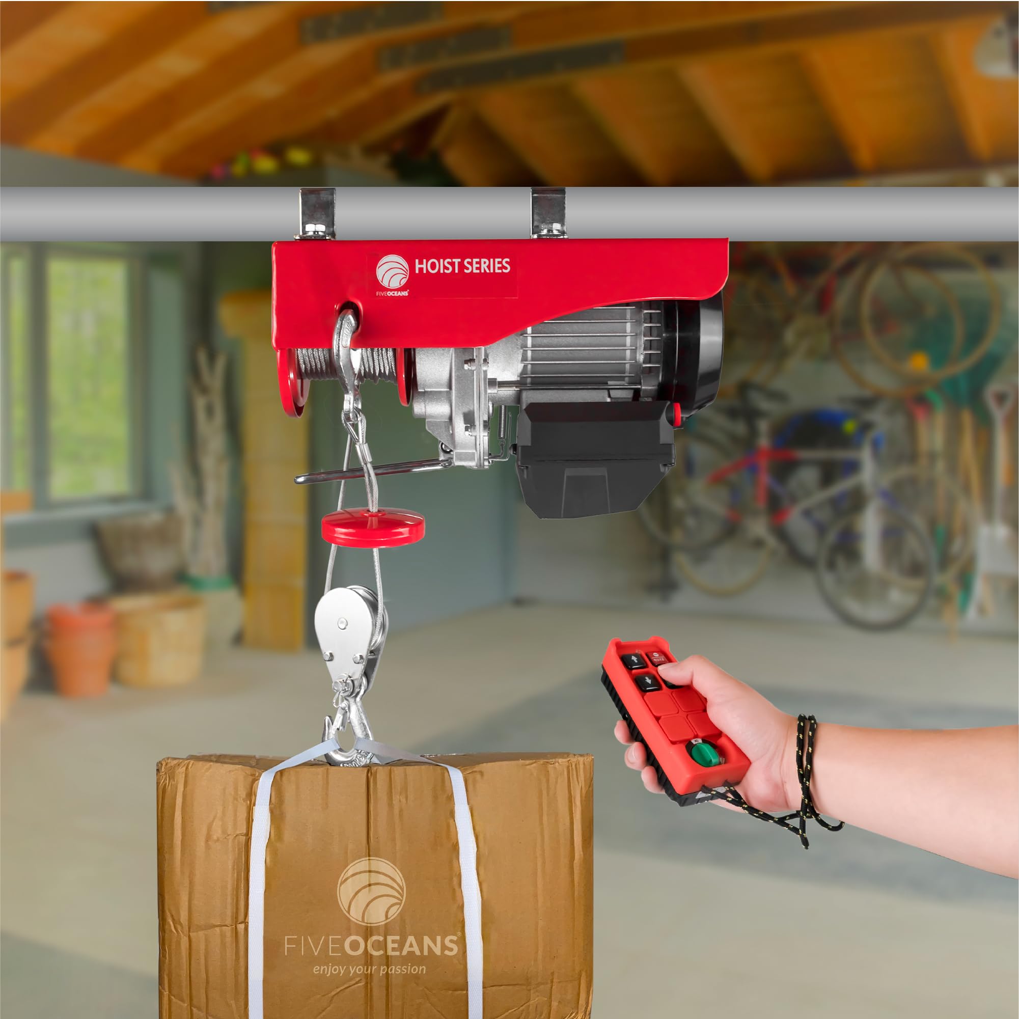 Five Oceans 880 Lb Electric Hoist with Wireless Remote Control - 110V Heavy Duty Winch & Pulley System for Garage, Workshop, Construction, and Industrial Lifting