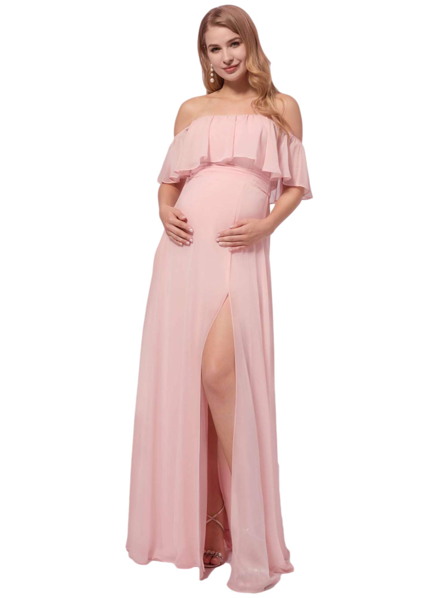 Ever-Pretty Women's Off-Shoulder Side Slit Long Chiffon Ruffle Maternity Dress for Pregnancy Party & Photography - Elegant Formal Gown for Baby Shower, Bridesmaid, and Special Occasions (Style 0969-EY)