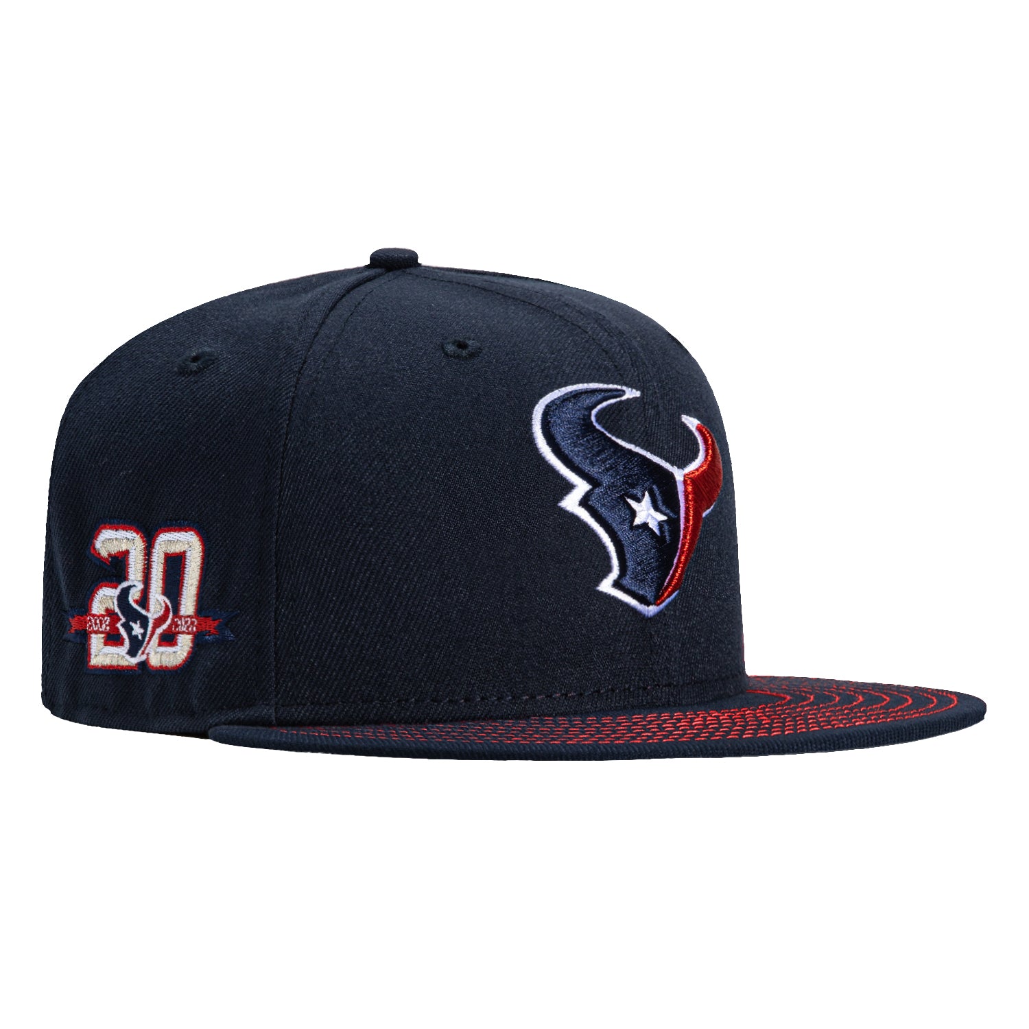 New Era 59Fifty Houston Texans 20th Anniversary Patch Snapback Hat - Red Contrast Stitch, Navy Blue - Official NFL Licensed Cap for Texans Fans, Game Day & Casual Wear