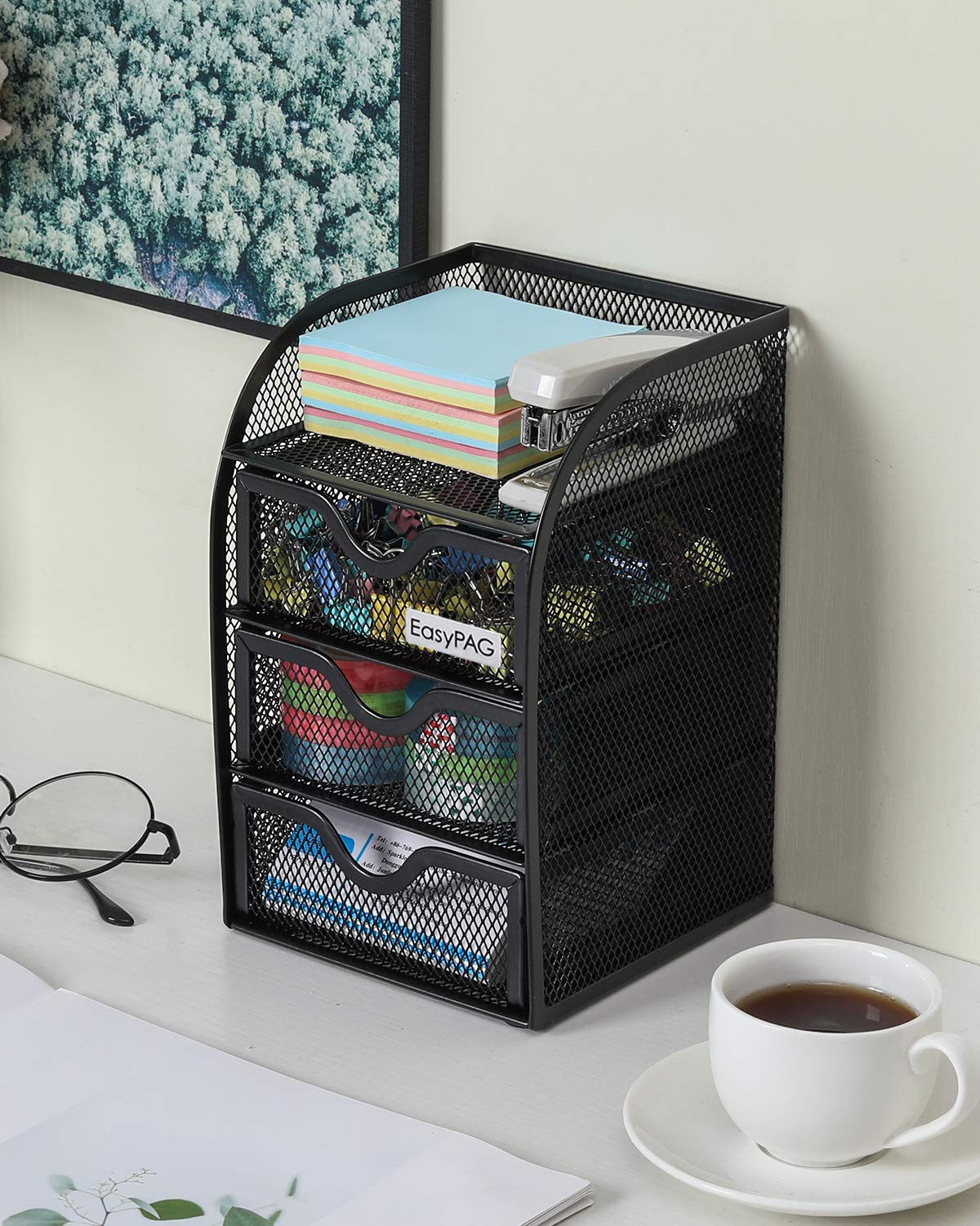 EasyPAG Mesh Desk Organizer with 3 Drawers - Office Desktop Organizer & Stationery Caddy for Home, School, Work - Perfect for Organizing Pens, Papers, and Office Supplies (Black)