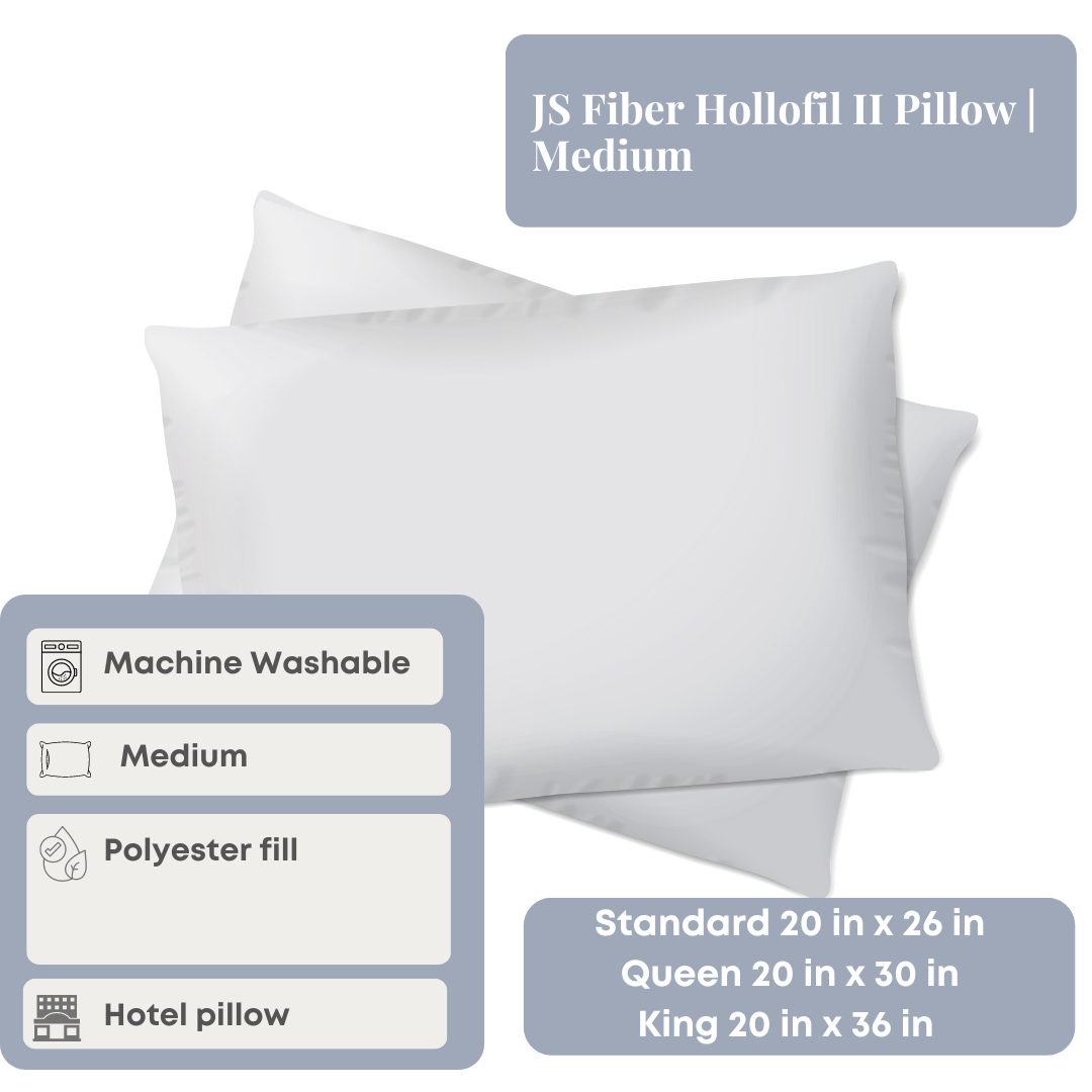 JS Fiber Hollofil II Pillow - Medium Firm Support for Neck & Back Pain Relief - Perfect for Side Sleepers & Office Chair Use