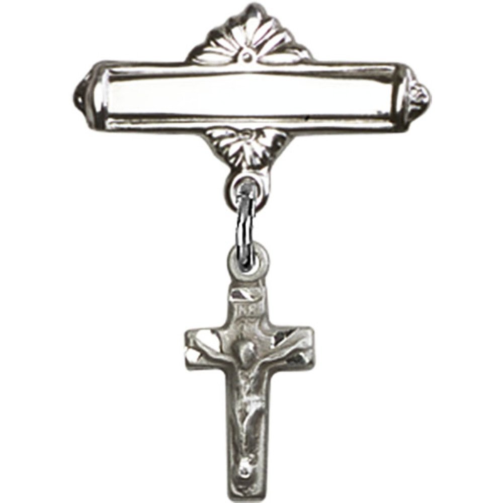 7/8 X 5/8 Inch Sterling Silver Baby Badge with Crucifix Charm & Polished Pin - Perfect for Christening Gifts, Baby Blessings & Religious Ceremonies