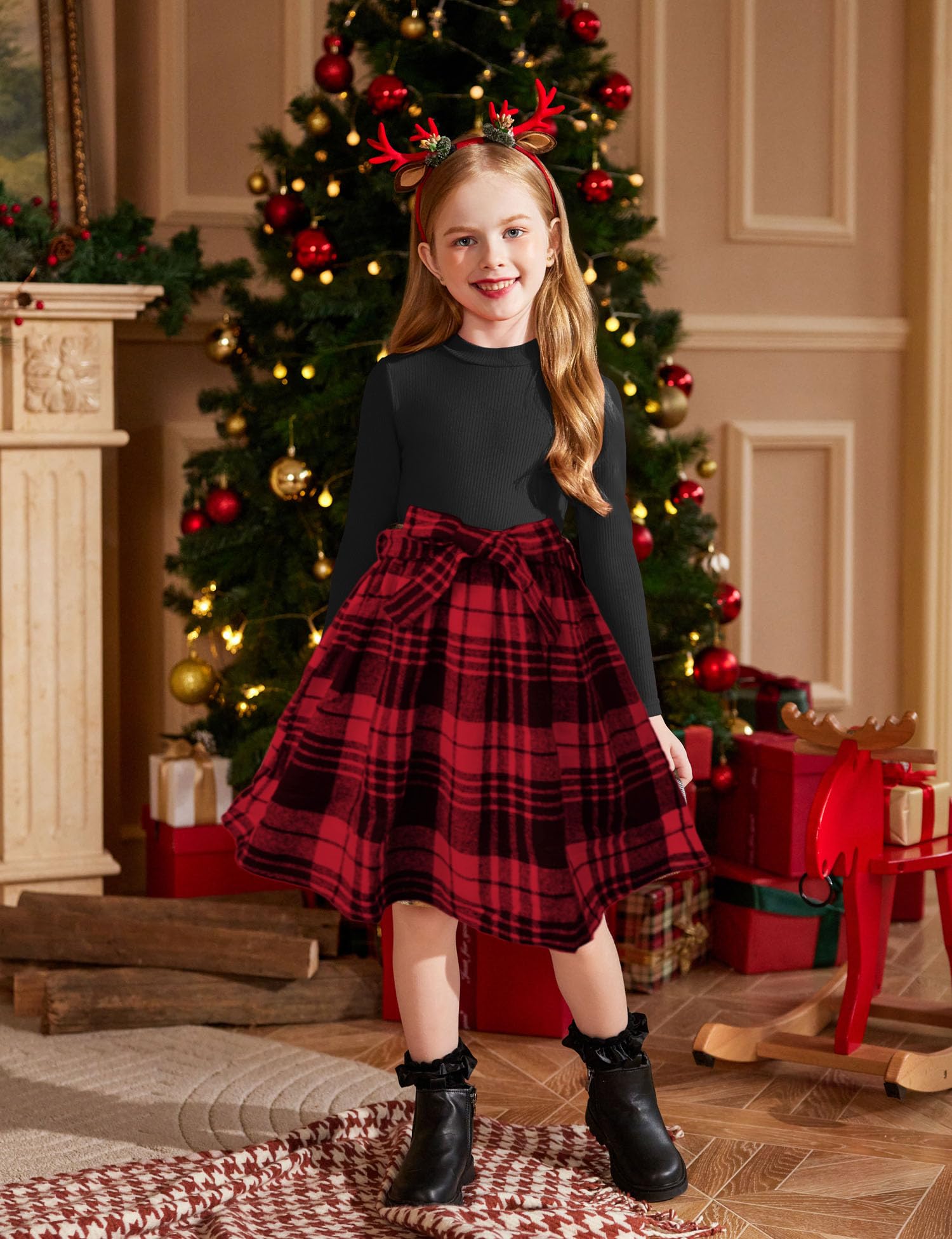 Arshiner Girls Long Sleeve Rib Knit Plaid Patchwork Belted Dress with Pockets - Cute Casual & Party Wear for Toddler and Kids (Ages 3-10) | Perfect for School, Holidays and Special Occasions