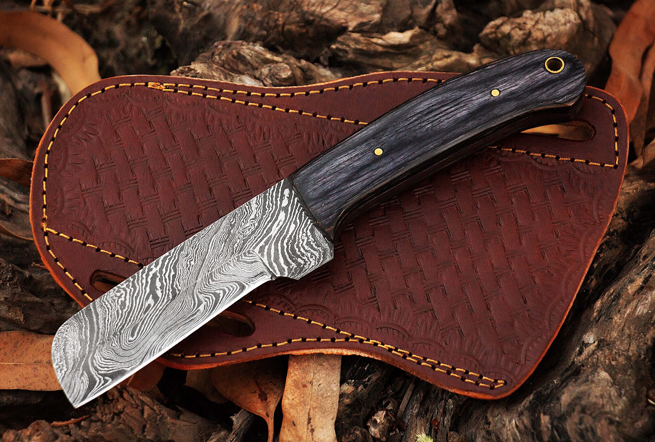 Handmade Damascus Steel Bull Cutter Knife - Custom Cowboy Knife with Genuine Leather Pancake Sheath | Hunting, Camping & Outdoor Survival Gear
