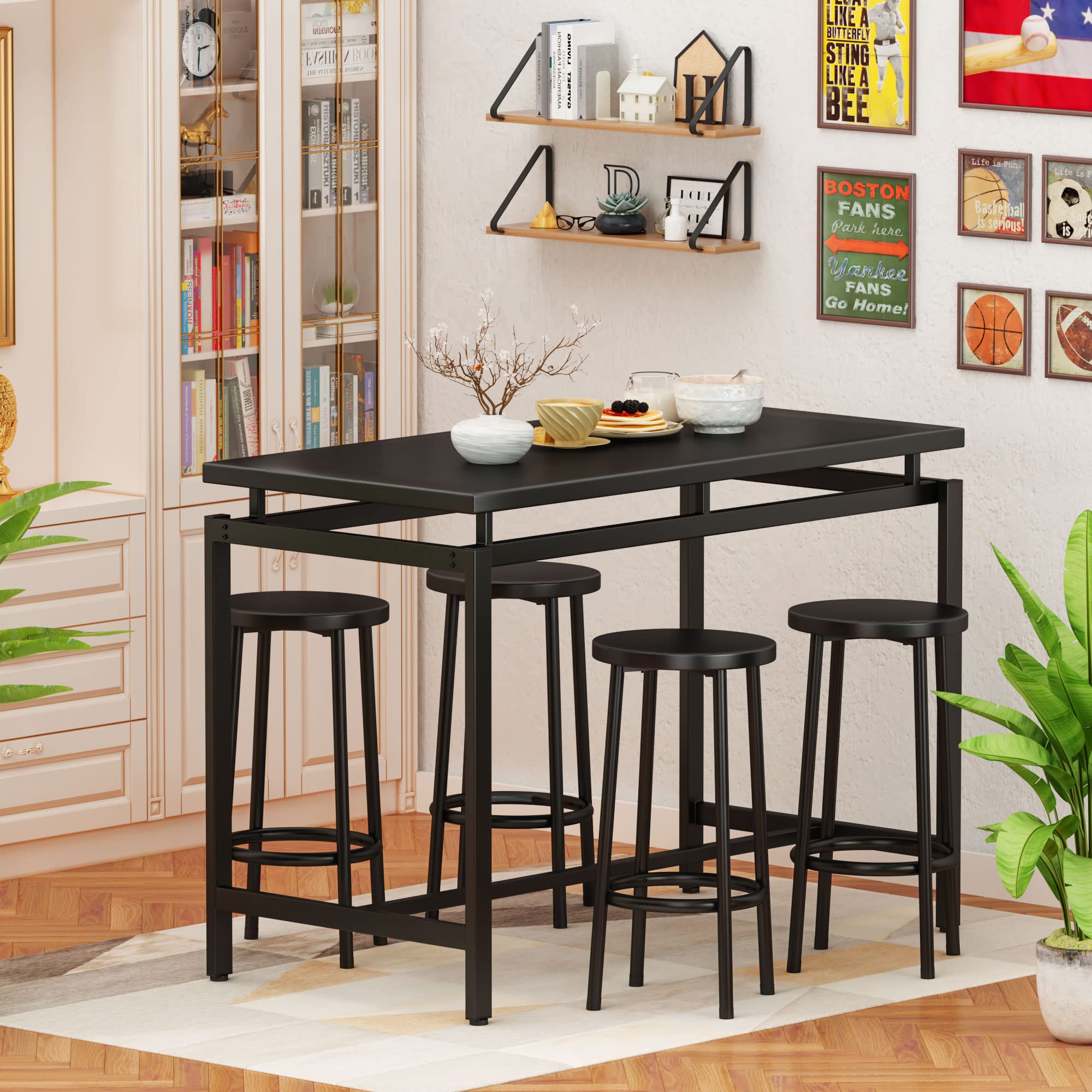Hooseng 5-Piece Industrial Dining Table Set with 4 Stools, 35.4