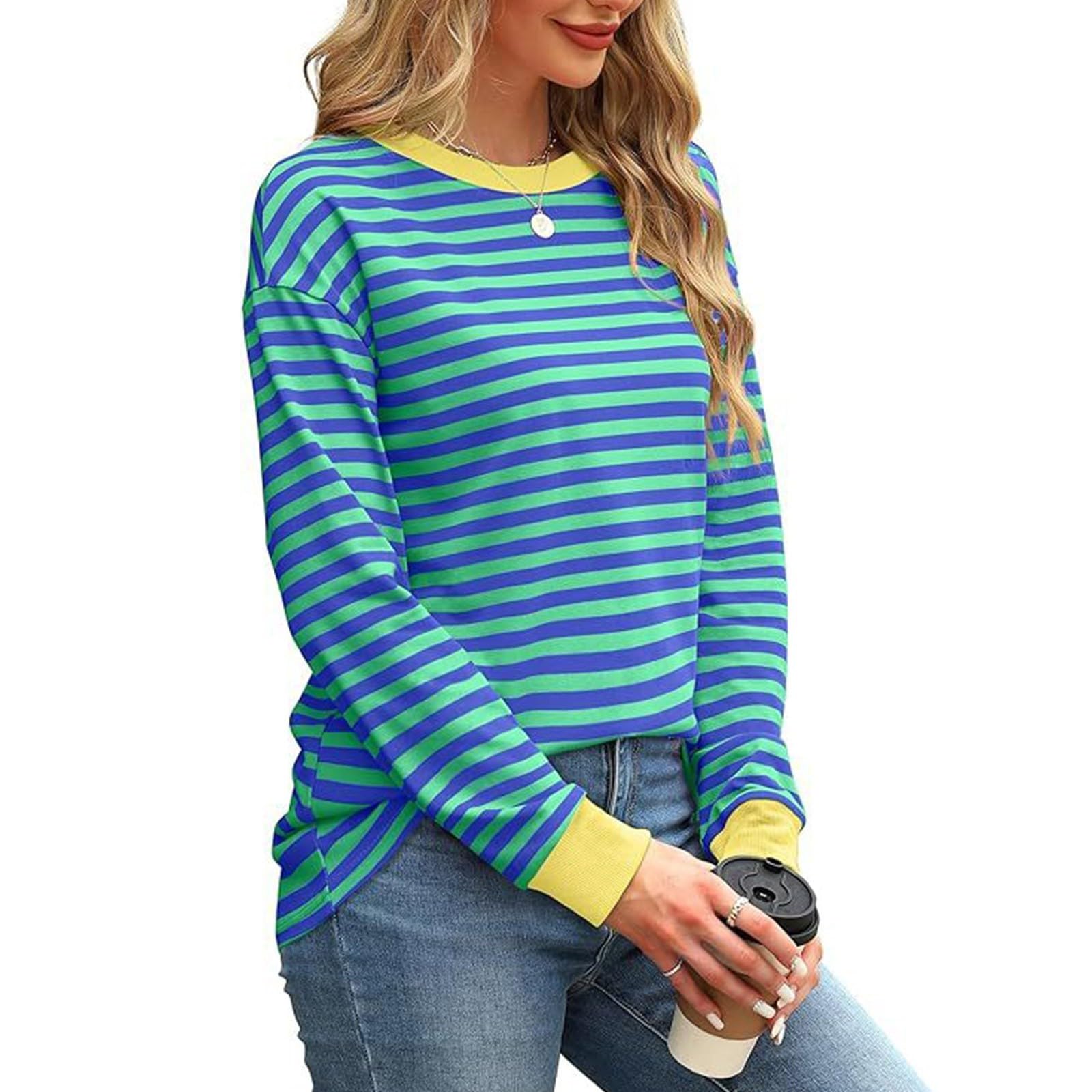 Women's Loose Fit Long Sleeve Striped Tunic Tops - Crewneck Casual Blouse for Work, Travel & Everyday Wear | Comfortable Office & Going Out Shirts