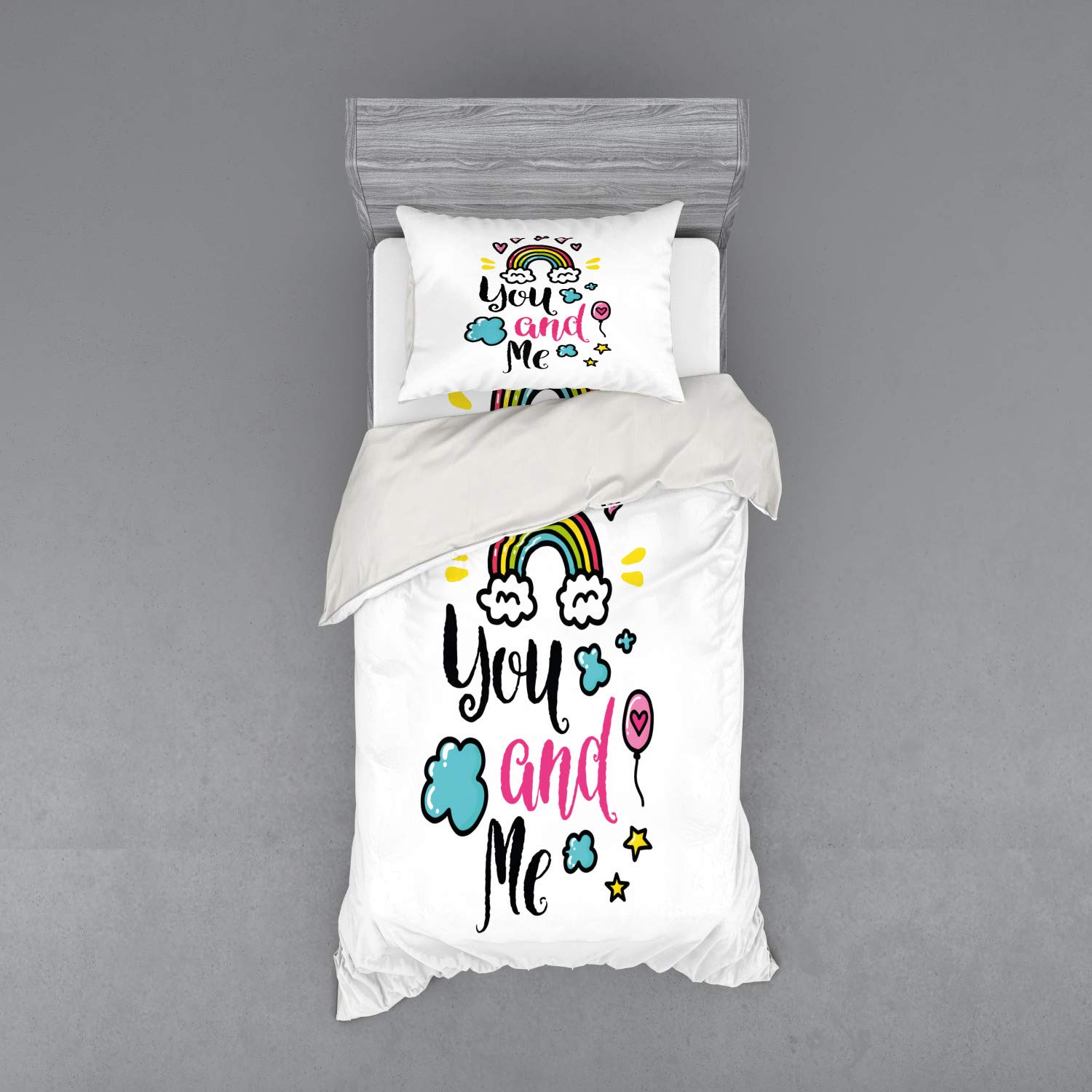 Ambesonne Inspirational 3-Piece Twin Bedding Set - You and Me Words with Rainbow Clouds, Hearts Love Romance Doodle Print Duvet Cover, Sham & Fitted Sheet - Multicolor - Perfect for Couples Bedroom, Valentine's Gift & Romantic Home Decor