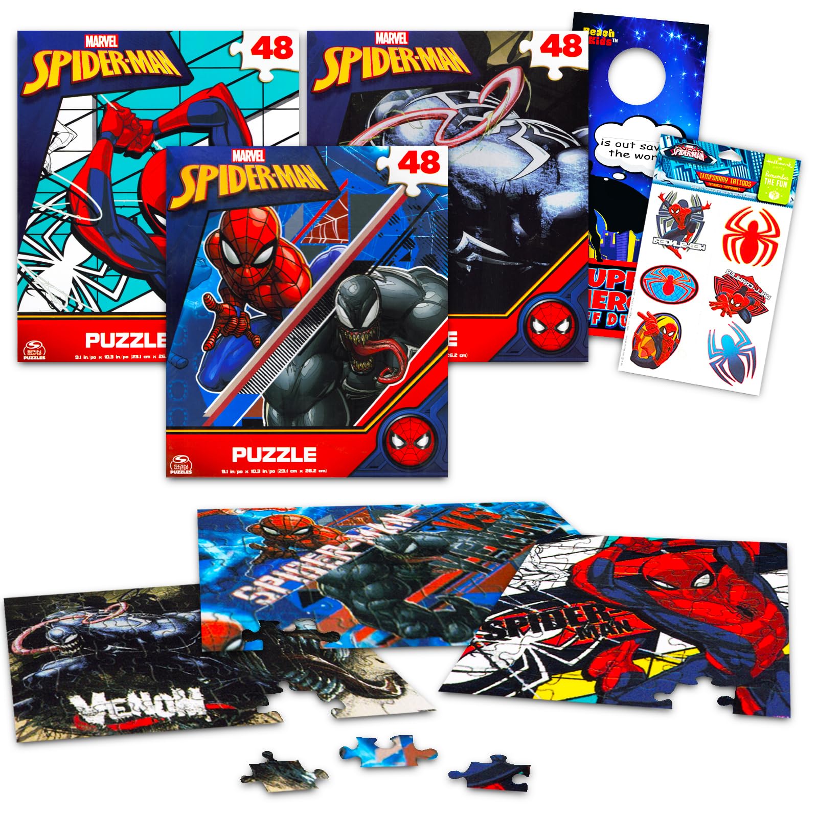 Marvel Spider-Man Jigsaw Puzzle Mega Bundle - 3 Superhero Puzzles for Kids | Spiderman, Venom & More with Bonus Tattoos | Fun Educational Toys & Games for Birthday Parties, Family Game Nights & Marvel Fans
