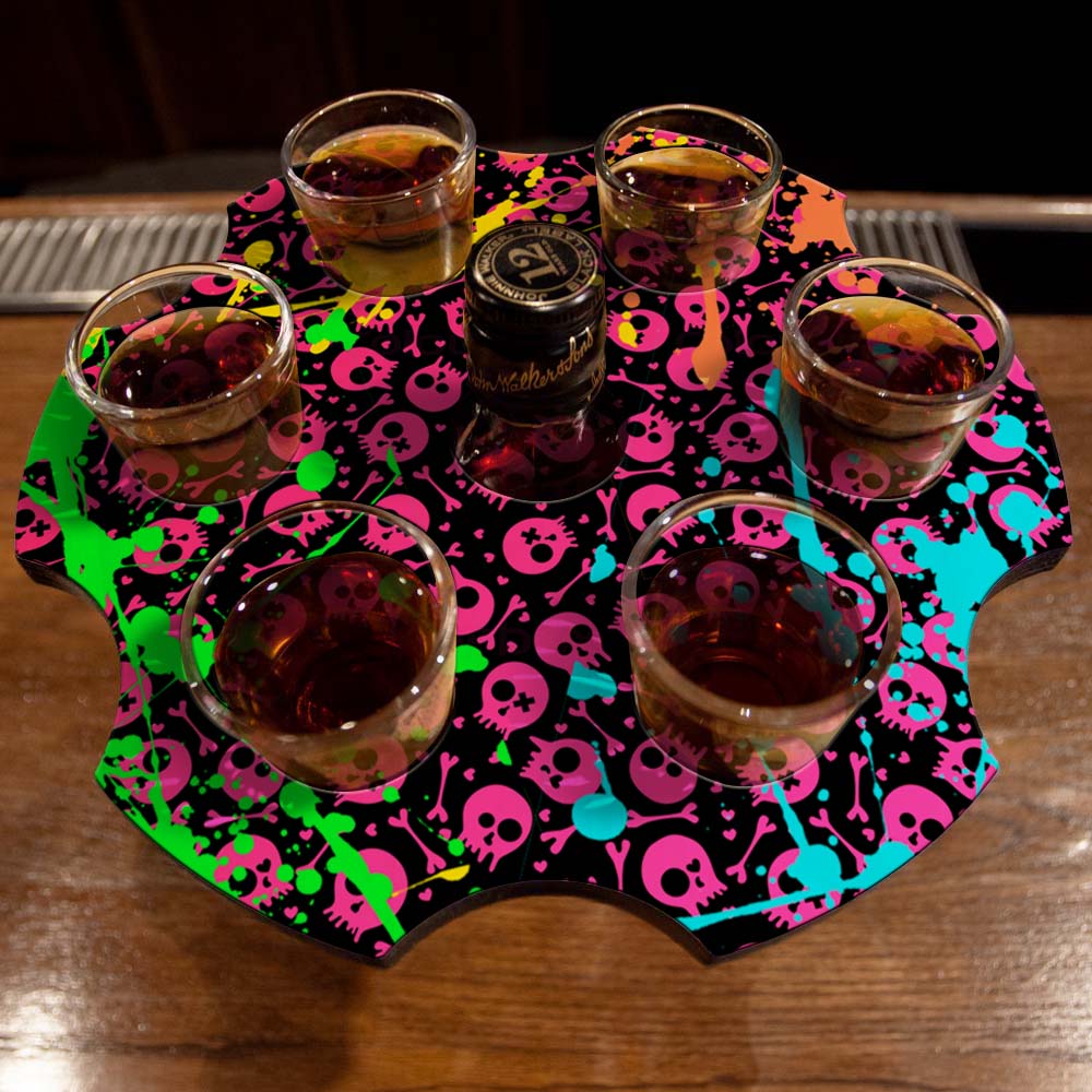 6-Shot Wooden Shot Glass Holder with Skull & Splatter Design - Perfect for Whiskey, Tequila, and Liquor Bottle Display at Home Bars and Parties
