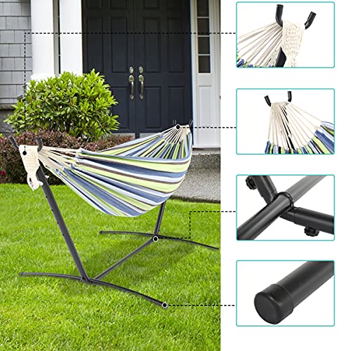 9ft Double Cotton Portable Hammock with Stand - Heavy Duty Space Saving Steel Frame (450 lb Capacity) - Green Striped Hammock with Natural Rope - Perfect for Patios, Backyards, Camping & Outdoor Relaxation
