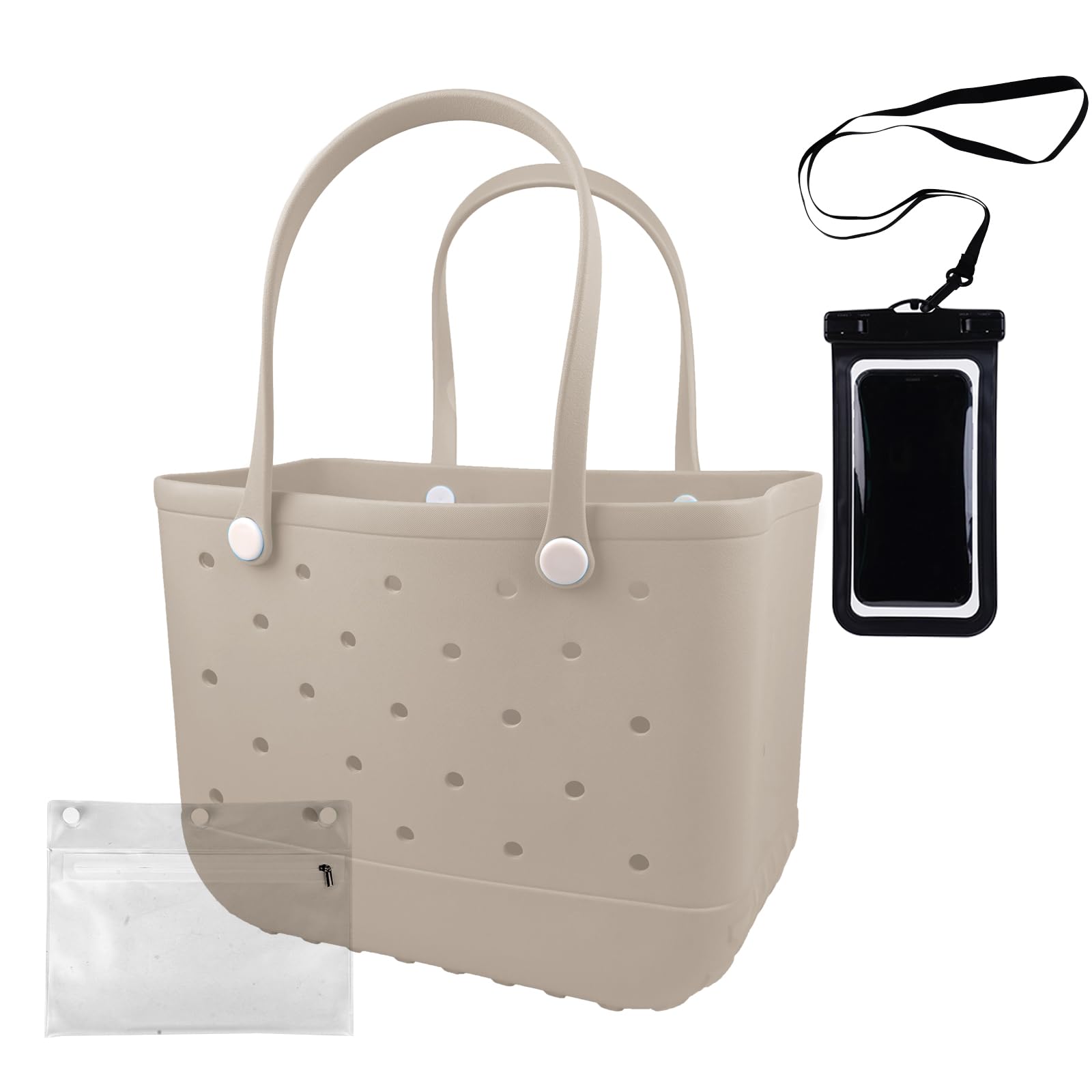 Waterproof Rubber Beach Tote Bag with Zipper Pocket & Phone Pouch - Durable Washable Open Purse for Women - Perfect for Pool, Boat, Beach Vacation & Summer Travel Accessories