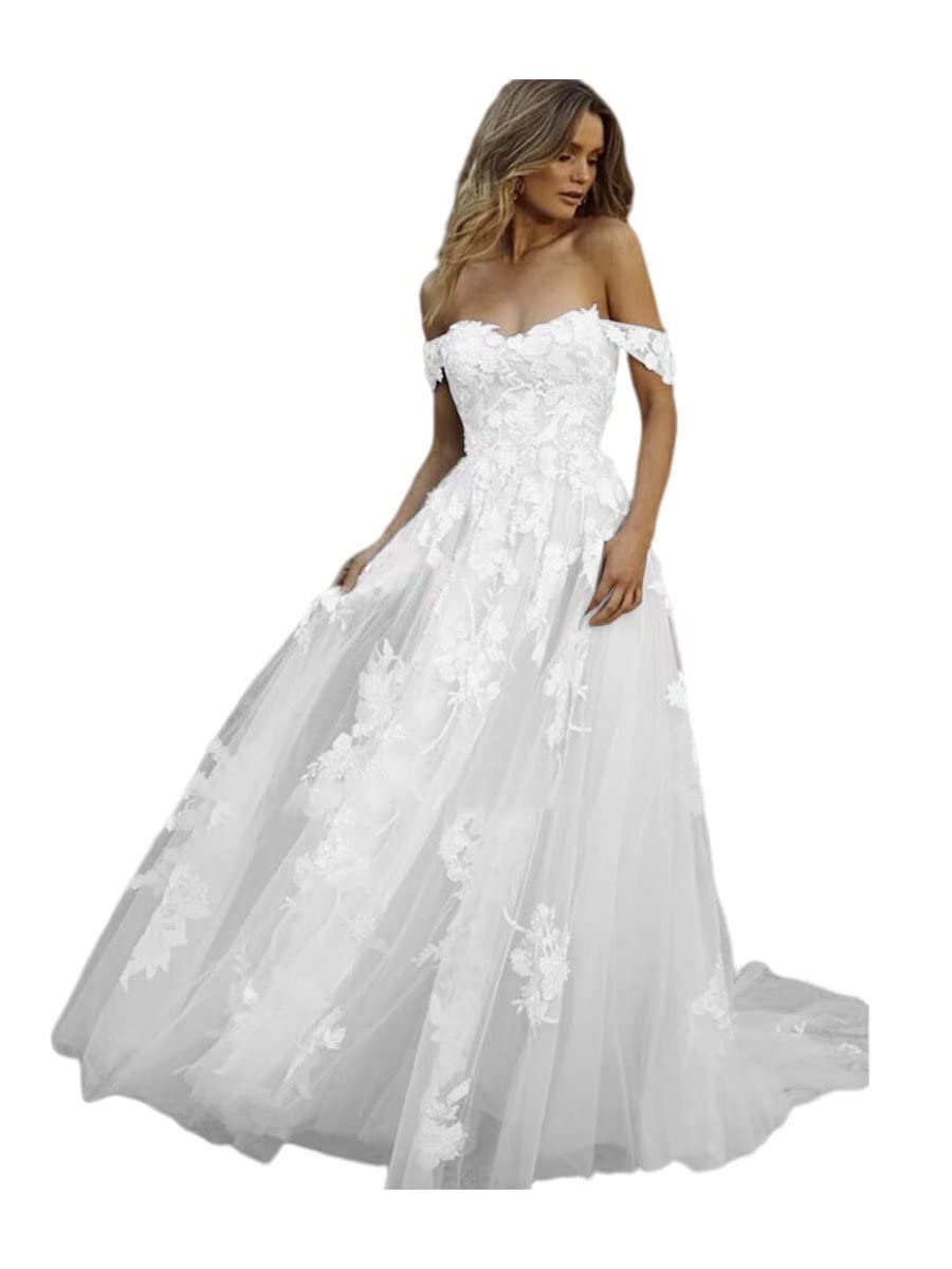 Elegant Off Shoulder Lace Wedding Dress 2024 - Satin Long Sleeve A-Line Bridal Gown for Women | Perfect for Church Ceremony, Beach Wedding & Romantic Vow Renewal