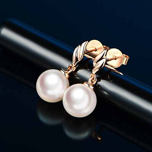 14k Rose Gold Akoya Cultured Freshwater Pearl Stud Earrings for Women - 8mm Round Dangle Drop Earrings - Perfect for Weddings, Parties & Everyday Elegance