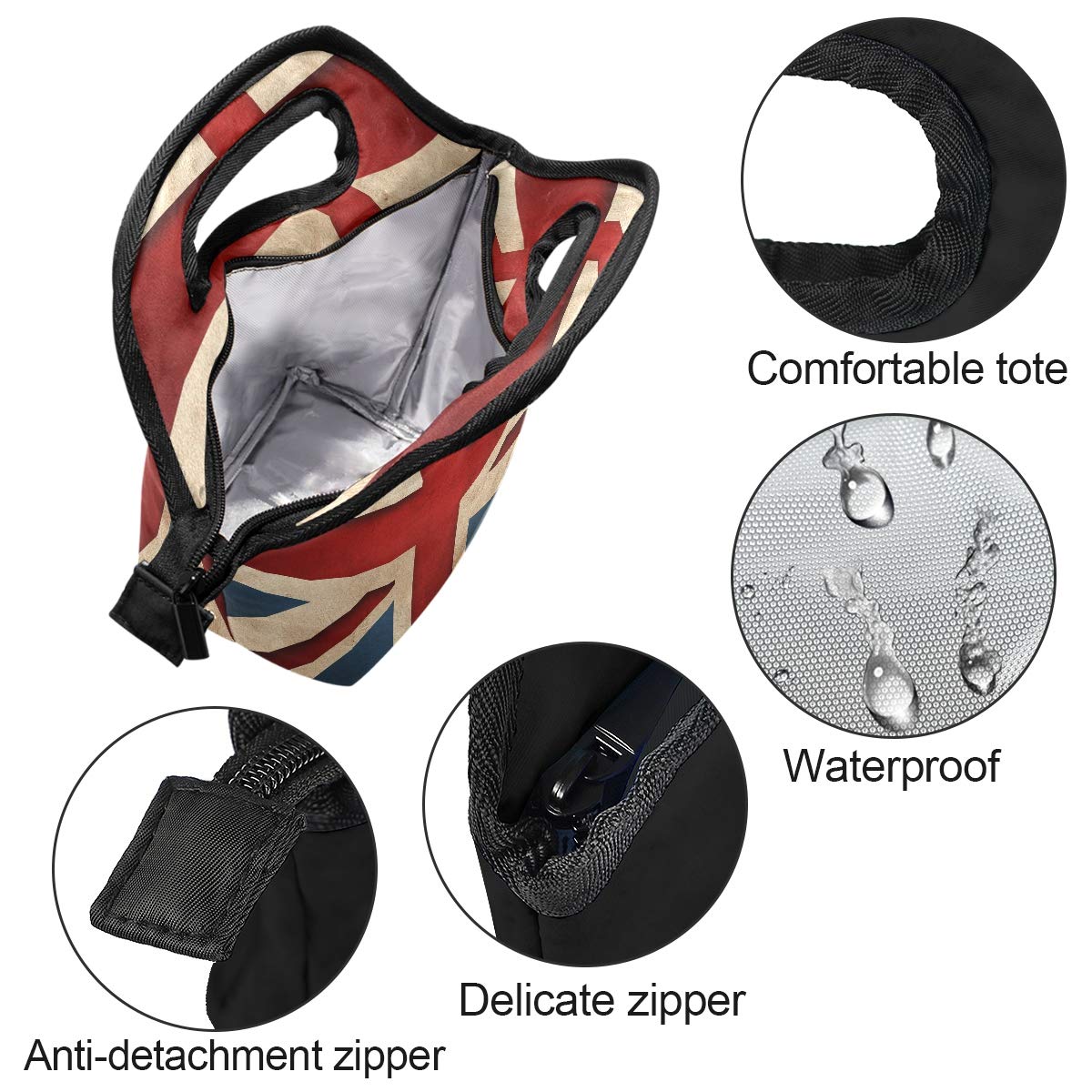 British Flag Insulated Lunch Bag - Union Jack Cooler Tote for Adults, Teens & Kids | Leakproof Zipper Lunch Box for School, Office, Picnics & Outdoor Activities | Meal Prep Bag for Men & Women