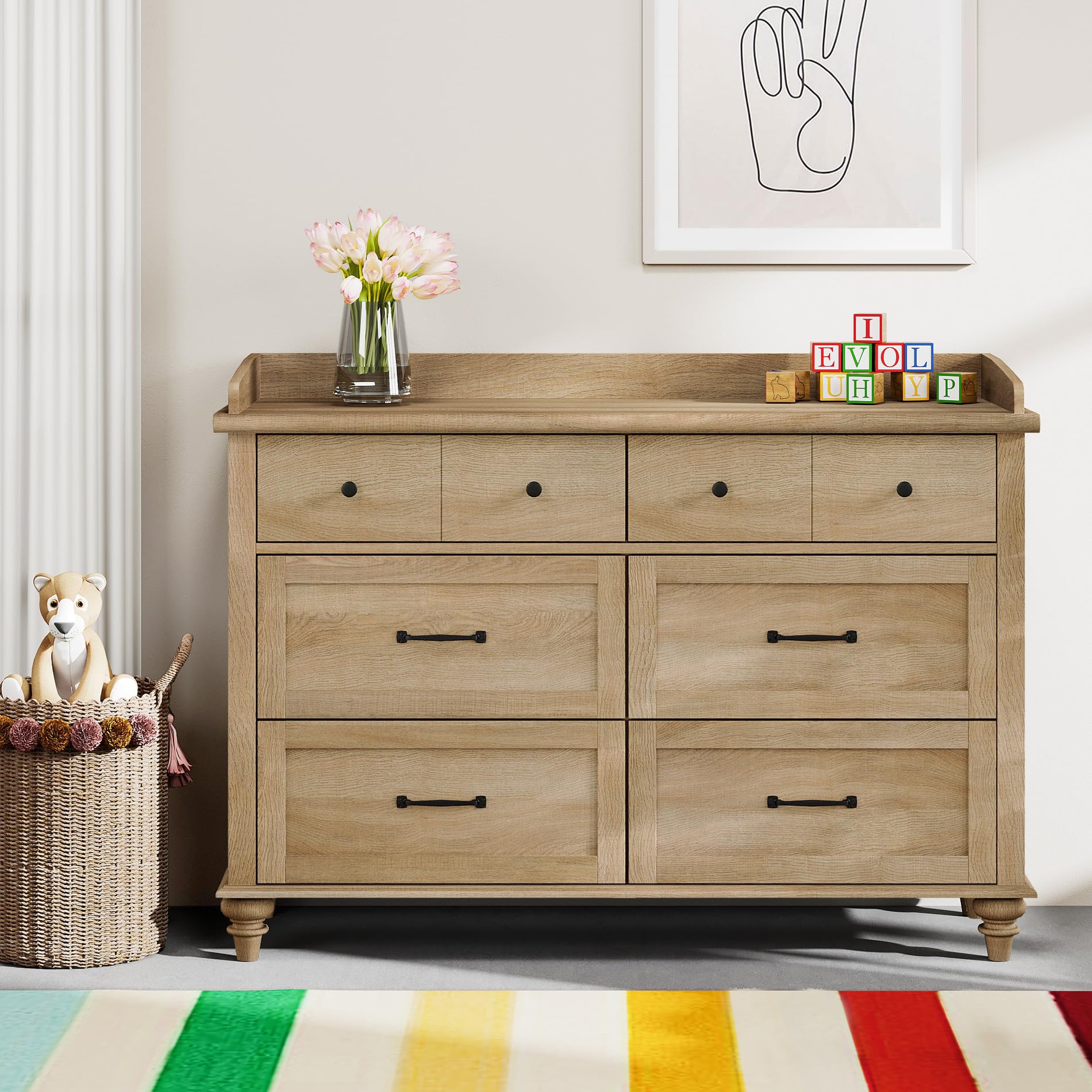 WAMPAT 6-Drawer Kids Dresser for Bedroom - Solid Oak Wood Baby Dresser with Wide Storage Chest | Farmhouse Style Nursery Closet Organizer | Perfect for Living Room, Hallway & Kids Room Organization (Ideal for Toys, Clothes & Bedroom Storage)