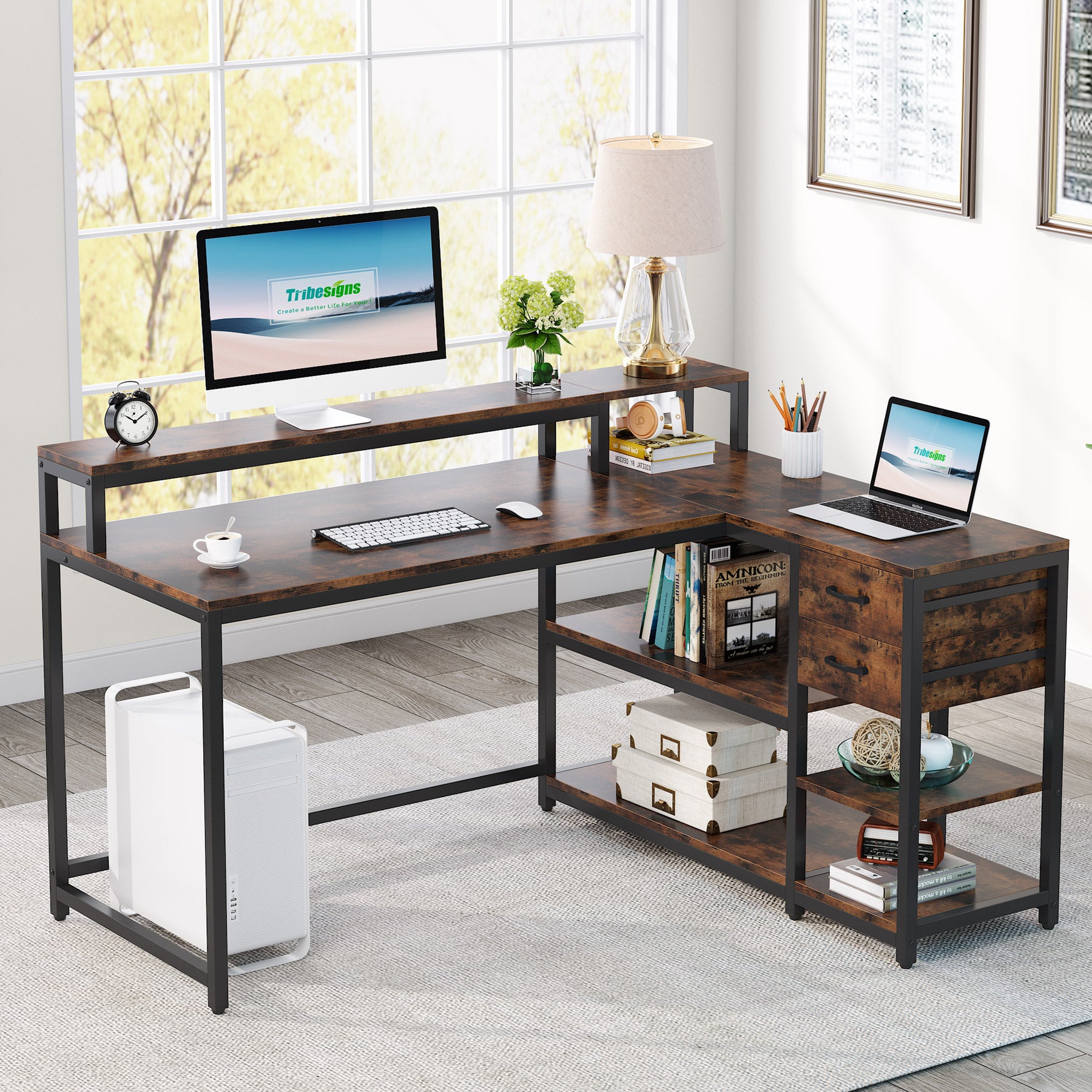 Reversible L-Shaped Corner Desk with Drawer & Shelves - Industrial Style Home Office Desk for Small Spaces, Gaming & Workstation Setup