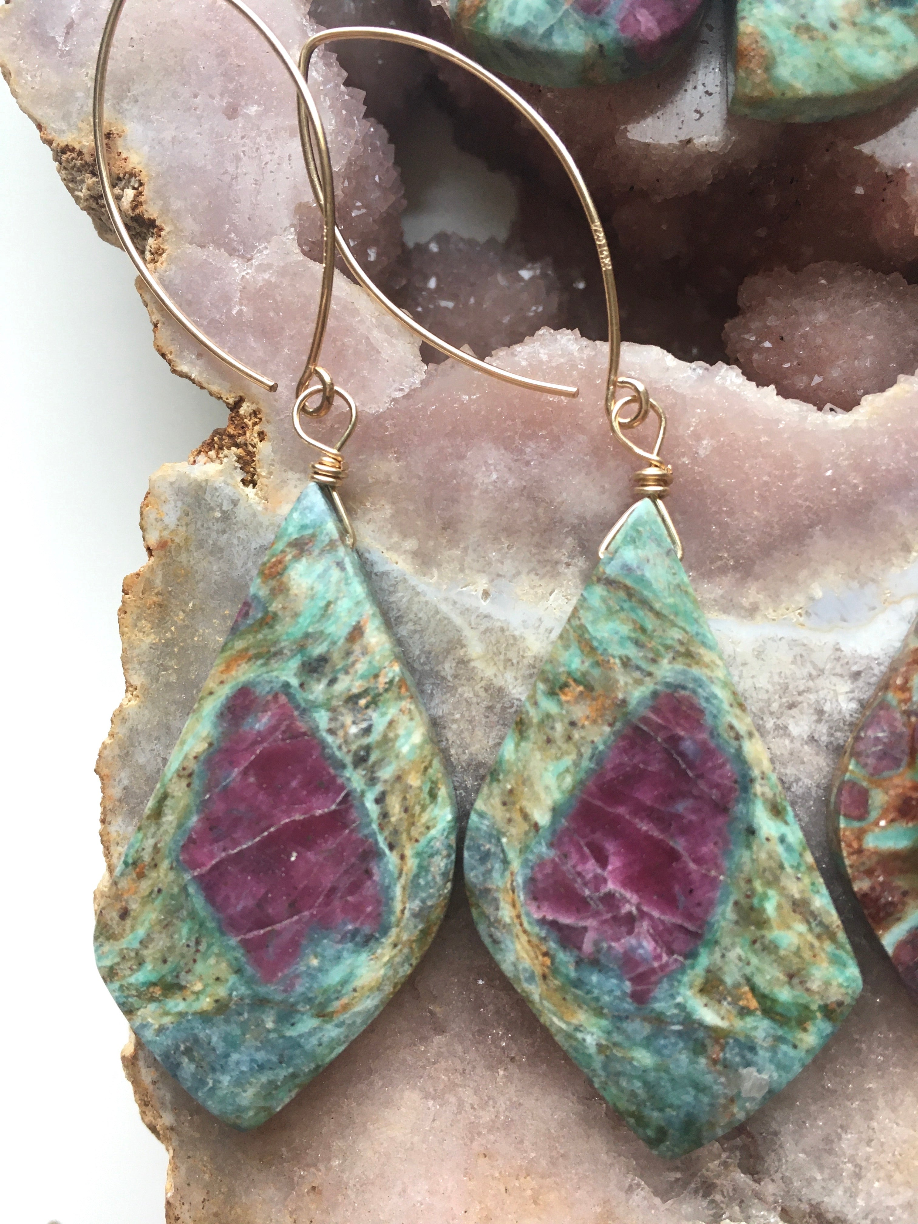 Large Statement Ruby in Fuchsite Earrings | Raw Crystal Stone Jewelry | July Birthstone Gift for Women | Elegant Dangle Earrings for Wedding, Party & Special Occasions