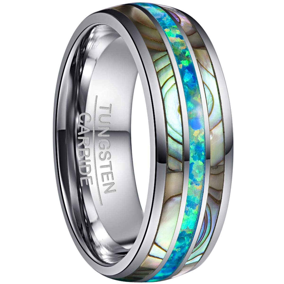 Men's Tungsten Wedding Band Ring - 8mm Comfort Fit with Genuine Blue/Green Opal & Abalone Shell - Size 7-12 - Perfect for Engagement, Anniversary & Everyday Wear
