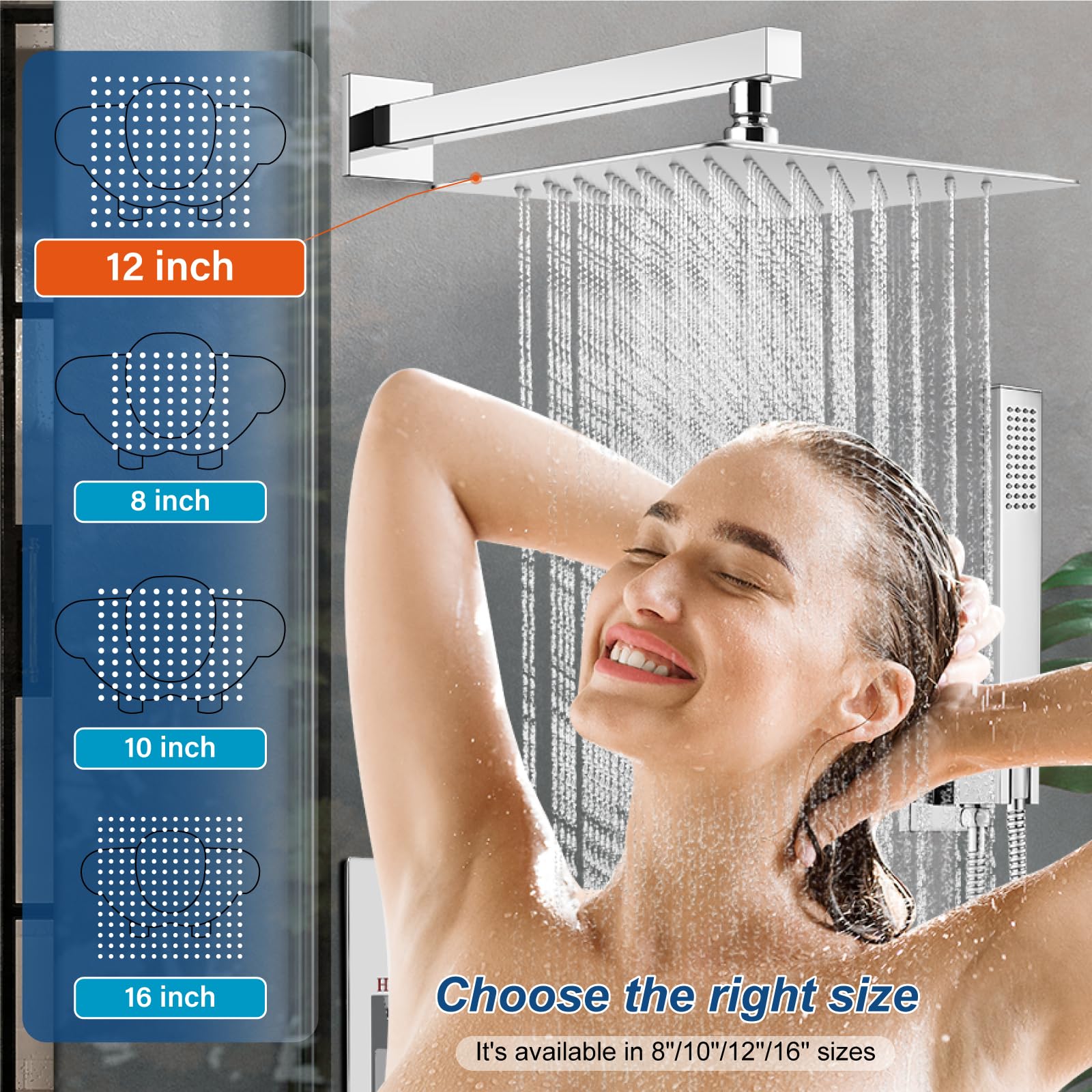 Midanya 12 Inch Square Rainfall Shower System - Wall Mount Shower Faucet Set with Hand Sprayer, Rough-in Valve Trim Kit & Bathroom Mixer - Polish Chrome Finish for Luxurious Spa-Like Shower Experience
