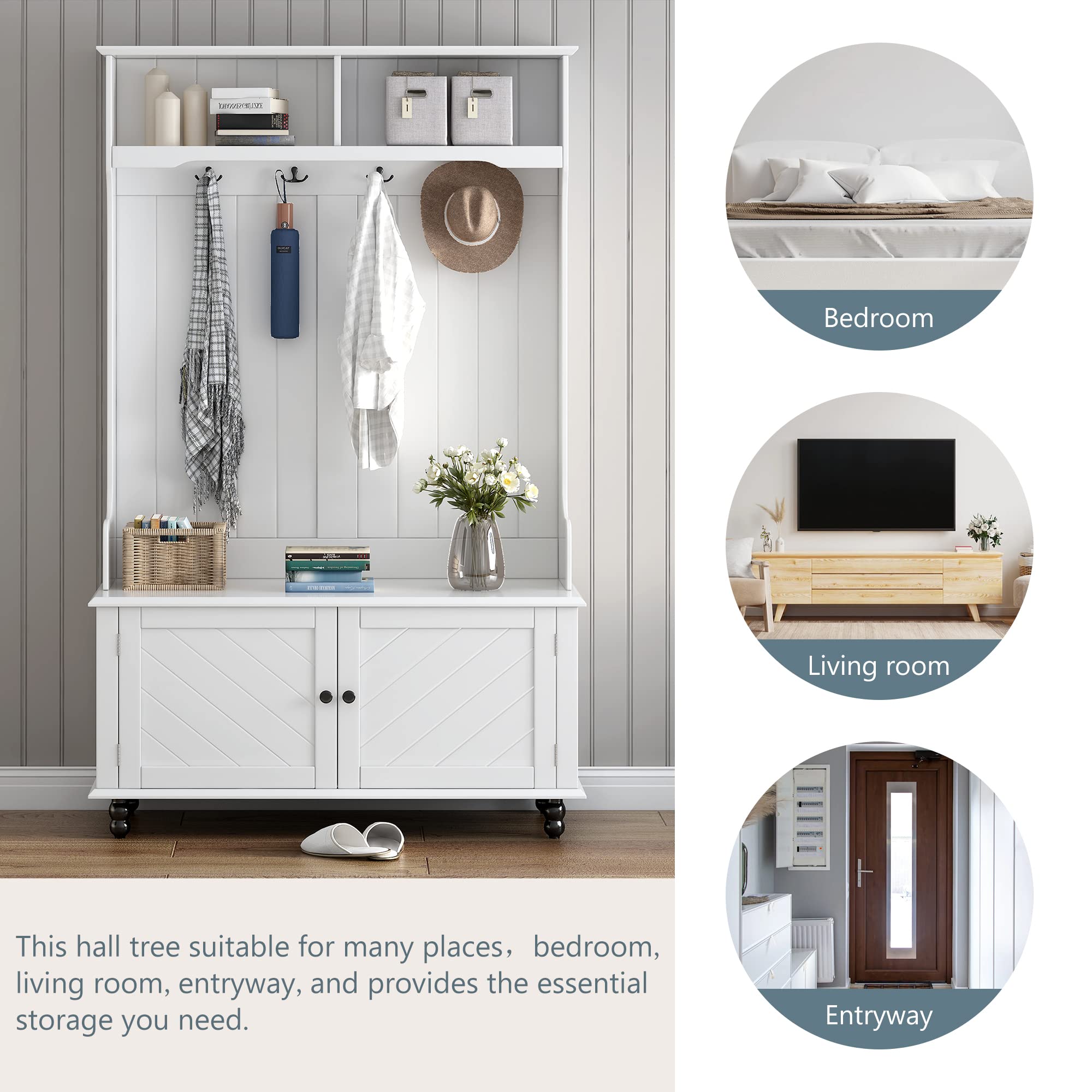 Merax 40 Inch Hall Tree Entryway Bench with Storage Cabinet - 4 Hooks Coat Rack for Entrance, Hallway - White - Perfect for Small Spaces, Mudroom Organization & Home Decor