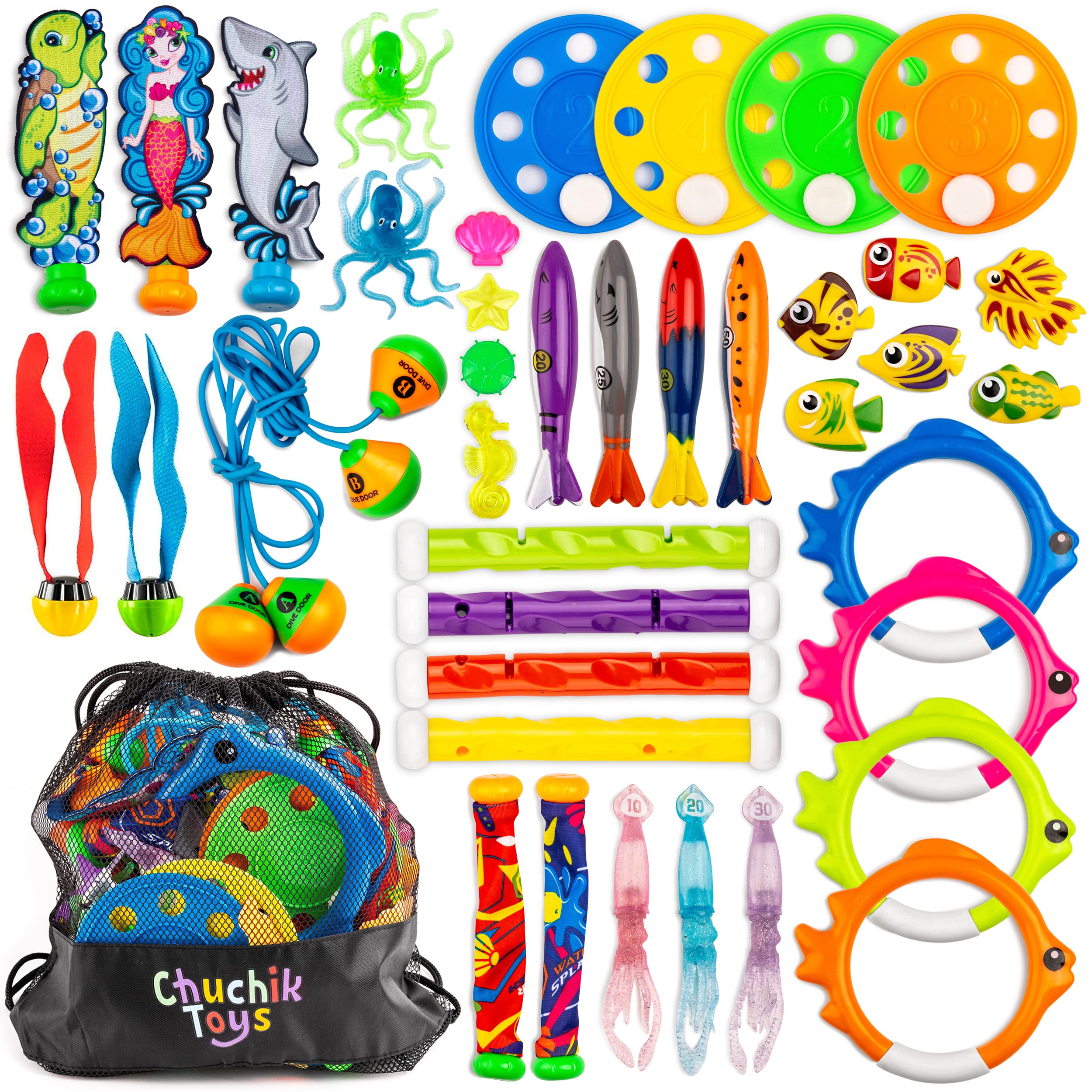 Chuchik 40-Piece Kids Swimming Pool Toys Set - 4 Diving Sticks, 4 Rings, 6 Pirate Treasures, 3 Toypedo Bandits, 9 Fish & 4 Octopus Water Toys with Storage Net Bag | Fun Pool Games for Children, Summer Beach Activities & Underwater Treasure Hunt Adventures