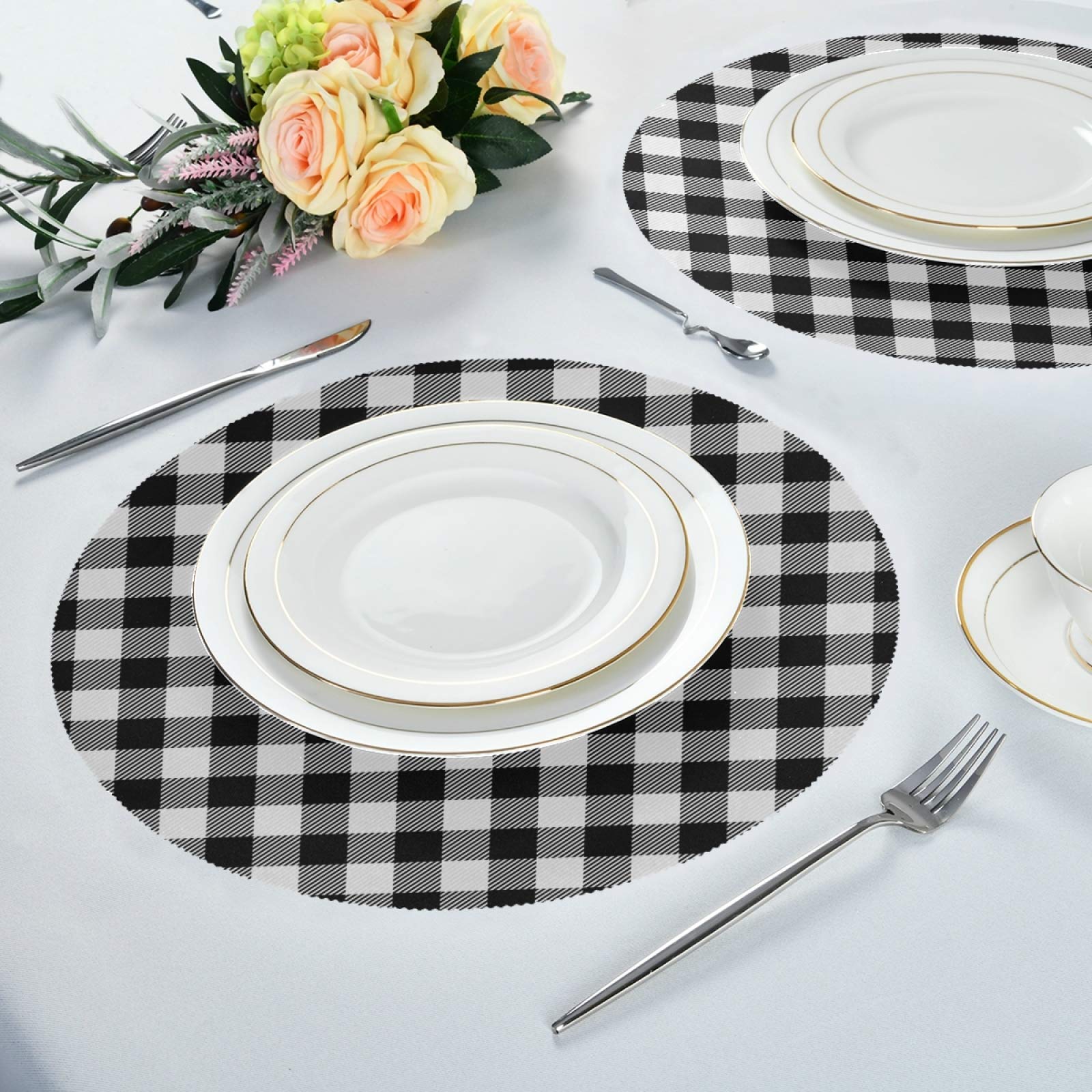 Durable Non-Slip Buffalo Plaid Round Placemats Set of 6 - Heat & Stain Resistant Table Mats for Kitchen Dining, Holiday Decor, Outdoor BBQ & Picnic - Waterproof Washable Home Decor Placemats