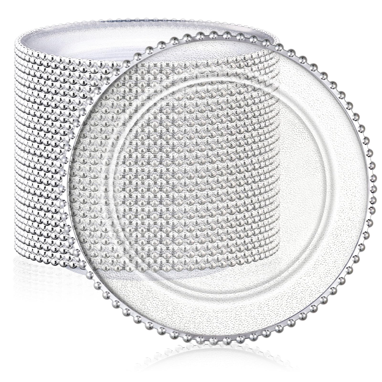 Hoolerry 50 Pack 13 Inch Clear Plastic Charger Plates - Round Beaded Acrylic Frosted Grain Decorative Dinner Plates for Wedding, Party, Event - Bulk Disposable Tableware for Home Kitchen & Tabletop (Silver) | Elegant Place Settings for Formal Dining & Special Occasions