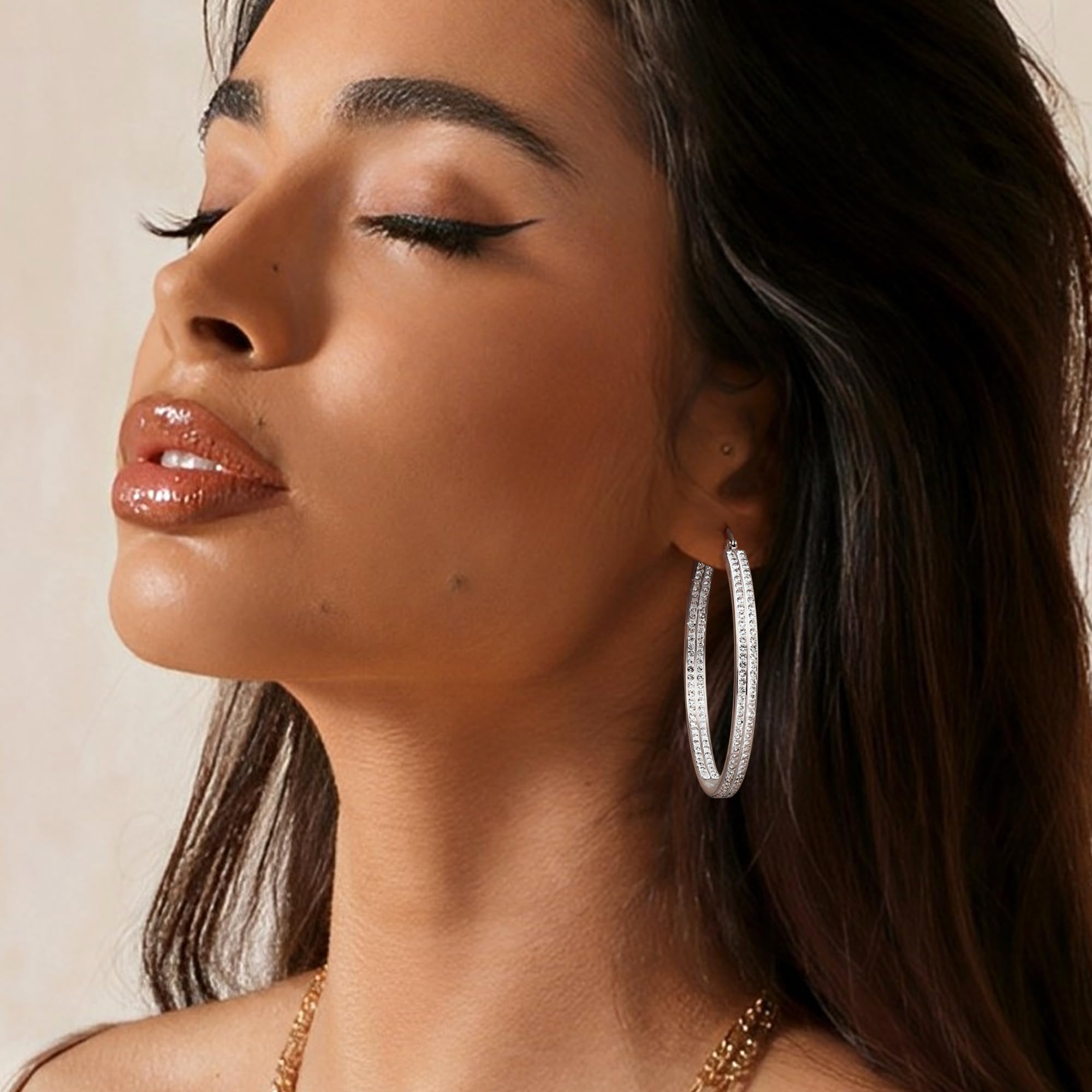 LOLIAS 50MM Large Silver Hoop Earrings for Women - Stainless Steel Hypoallergenic Cubic Zirconia Stud Earrings - Elegant Dangle Hoops for Party, Wedding & Everyday Wear