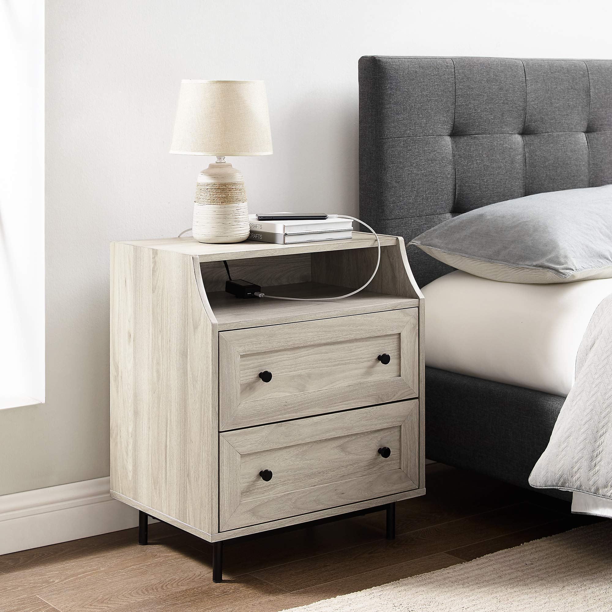 Walker Edison Florence 22 Inch 2-Drawer Open Top Nightstand with USB Charging Port - Modern Birch Wood Bedside Table for Bedroom, Living Room & Office Use