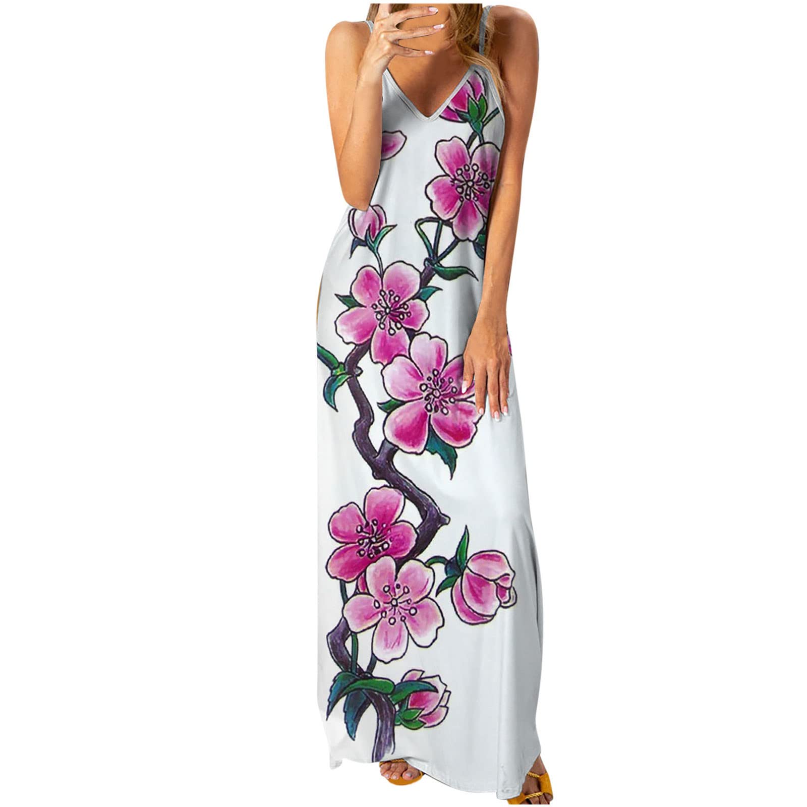 Usupdd Women's Summer Dresses - Boho Floral Print Maxi Dress with V-Neck & Spaghetti Straps, Loose Sleeveless Beach Dress for Vacation, Party & Casual Outings