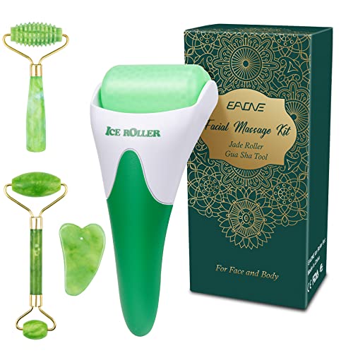 EAONE Ice Roller for Face - Cooling Jade Roller & Gua Sha Facial Massager for Puffiness, Migraine Relief & Skincare - Perfect Self Care Gift for Women (Use for Morning Routine, Post-Workout Recovery & Spa Night)