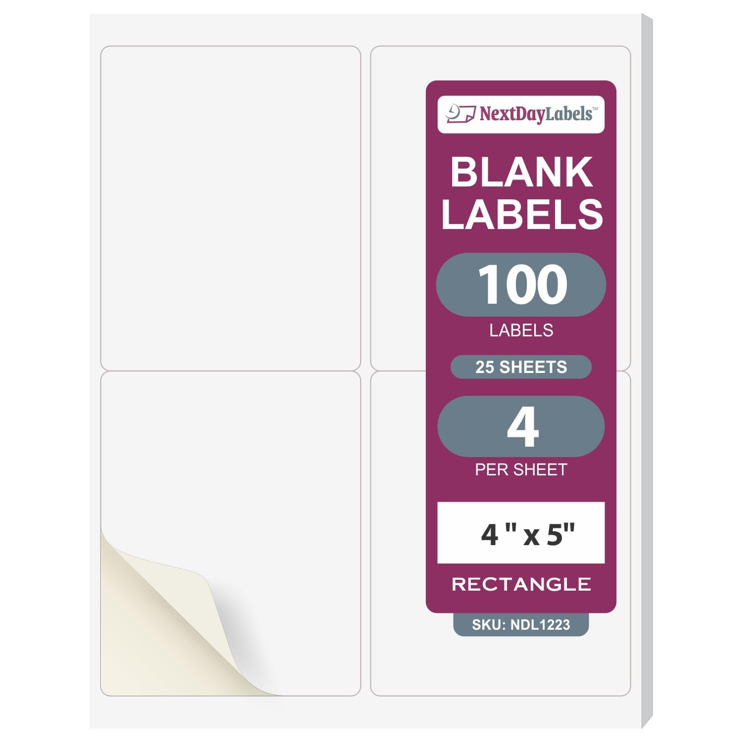 NextDayLabels – 4” x 5” White Rectangular Sticker Labels for Laser/Inkjet Printer - 100 Printable Shipping Labels, Return Address Labels (25 Sheets, 4 Labels per Sheet) - Perfect for Packages, Envelopes & Mailing