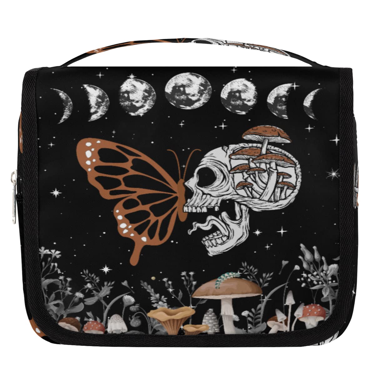 AUUXVA Hanging Toiletry Bag for Women & Men - Sugar Skull Mushroom Print Travel Makeup Bag with Moon & Stars Space Design - Waterproof Cosmetic Organizer for Bathroom, Camping & Airplane Travel Essentials