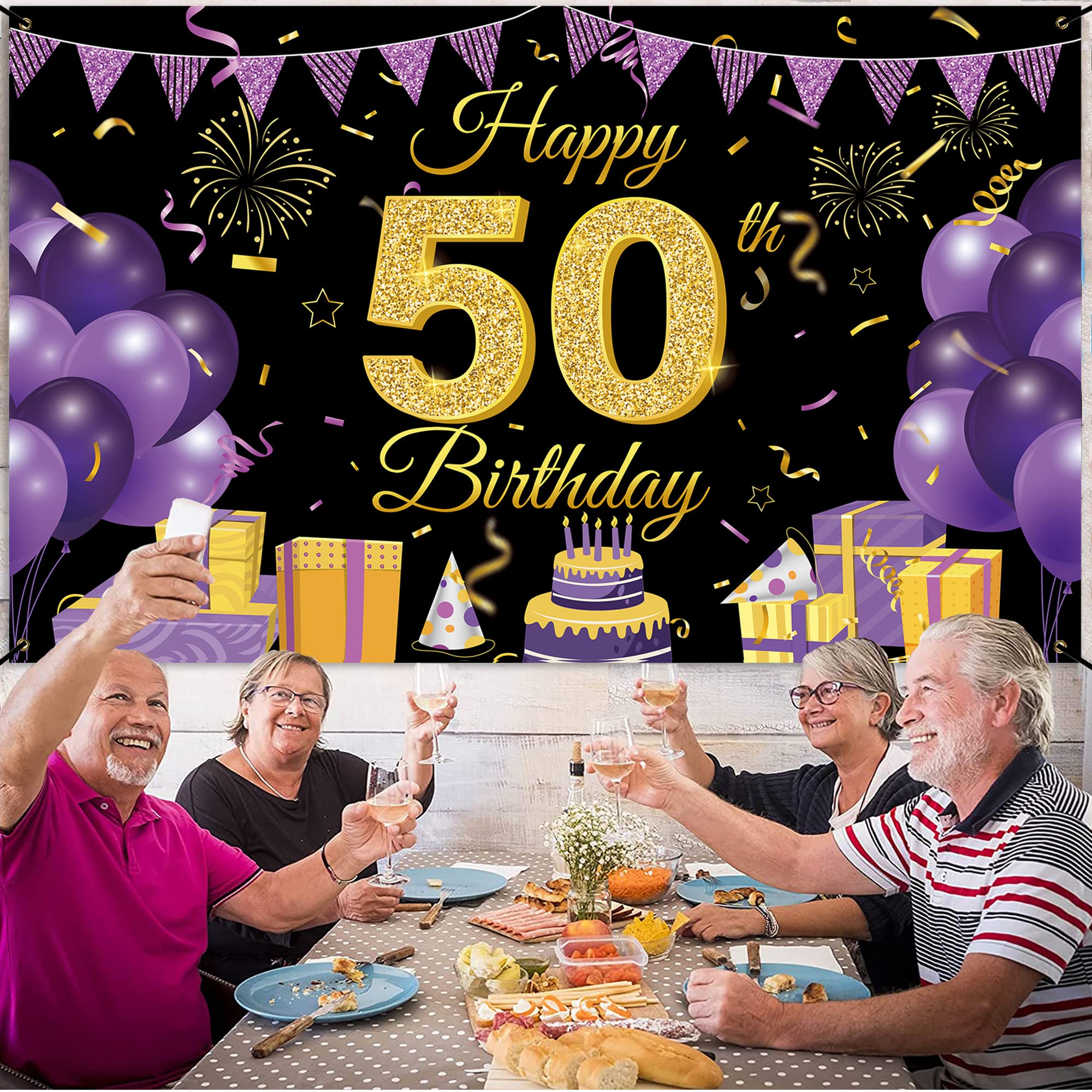 Happy 50th Birthday Backdrop Banner - 70.86” x 43.3” Purple & Black Party Decor - Cheers to 50 Years Old Celebration Supplies - Yard Sign, Poster Background for Birthday Parties, Anniversaries & Milestone Events