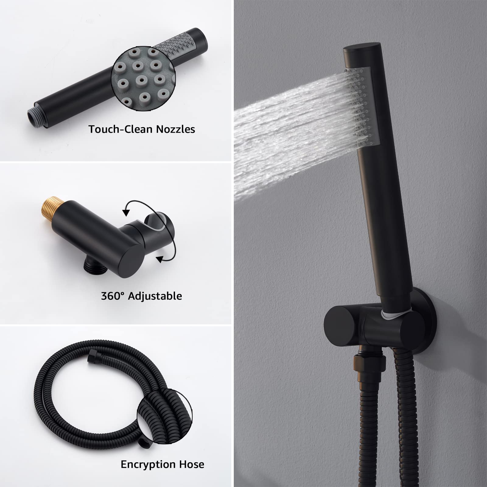 Matte Black Wall Mounted Shower System - 10 Inch Rainfall Shower Head with Handheld Sprayer & Pressure Balance Valve - Complete Bathroom Shower Faucet Mixer Set for Modern Home Spa Experience
