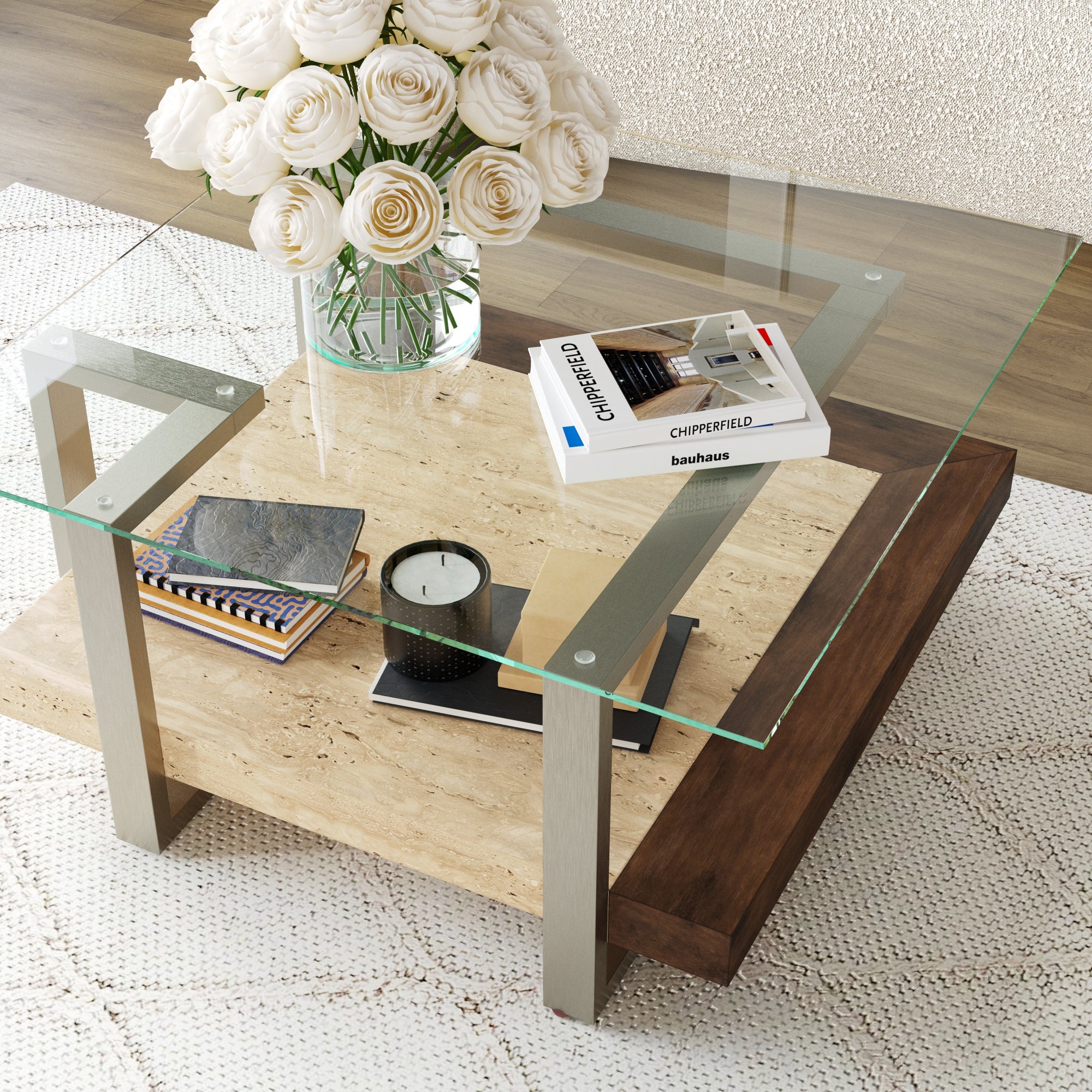 Roundhill Furniture Andes Glass Square Coffee Table with Marble Shelf - Polished Nickel Finish - Modern Living Room Centerpiece for Home & Office Decor